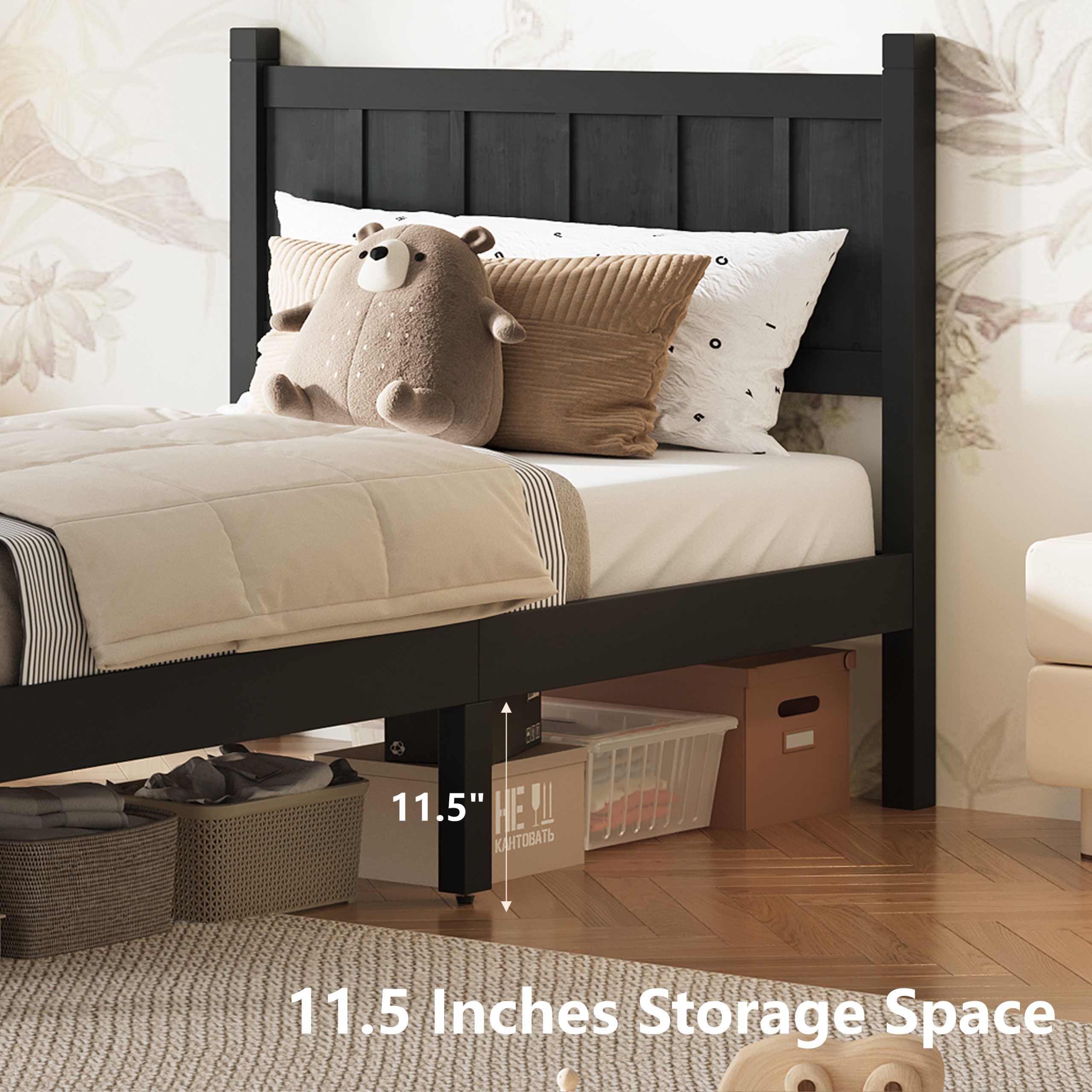 Twin Size Flat Panel Bed with Headboard & Footboard, Minimalist Modern Platform Bed with Wood Grain Finish, Shaker and Farmhouse Style Design, Sleek and Functional Bedroom Furniture,Black - Image 5