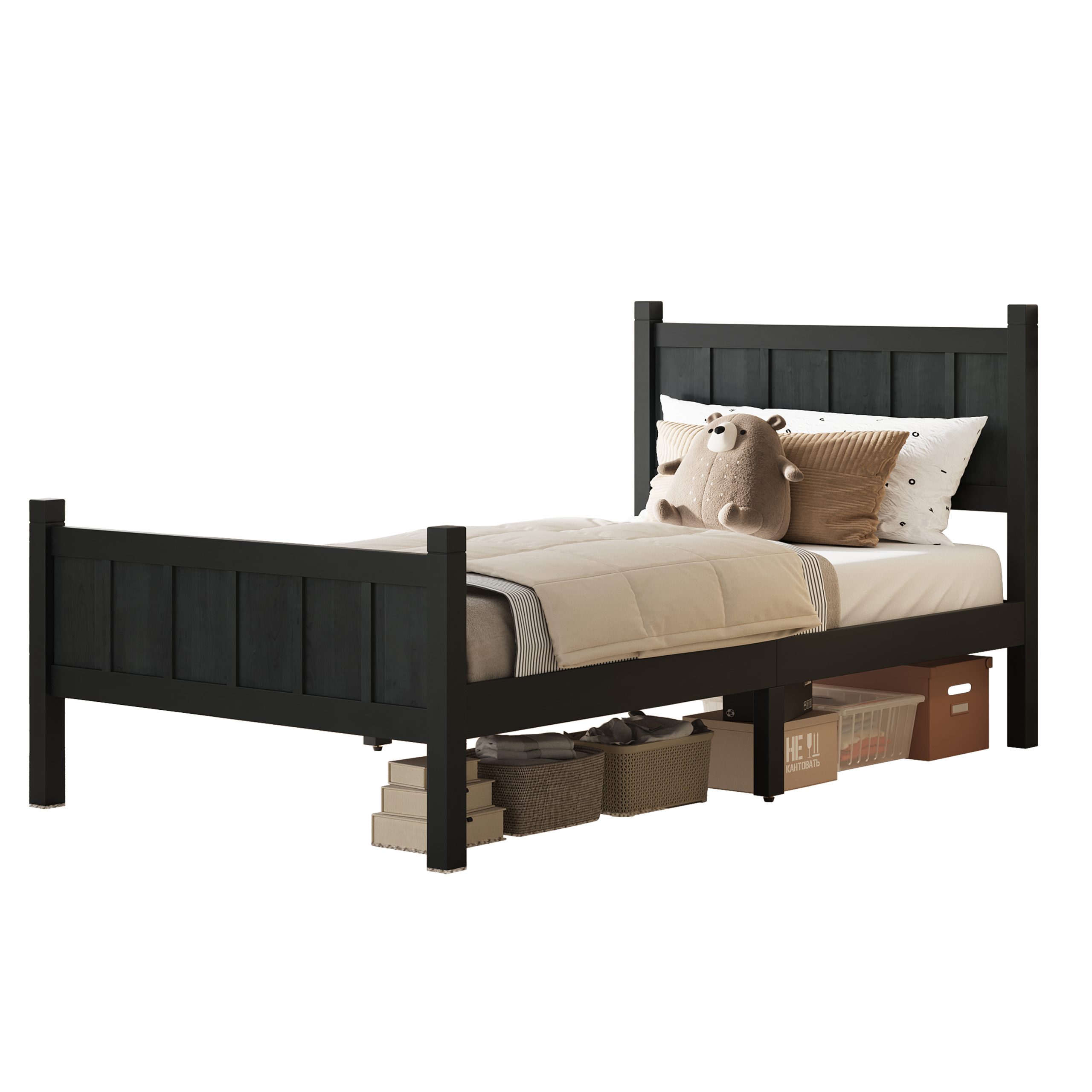 Twin Size Flat Panel Bed with Headboard & Footboard, Minimalist Modern Platform Bed with Wood Grain Finish, Shaker and Farmhouse Style Design, Sleek and Functional Bedroom Furniture,Black - Image 6