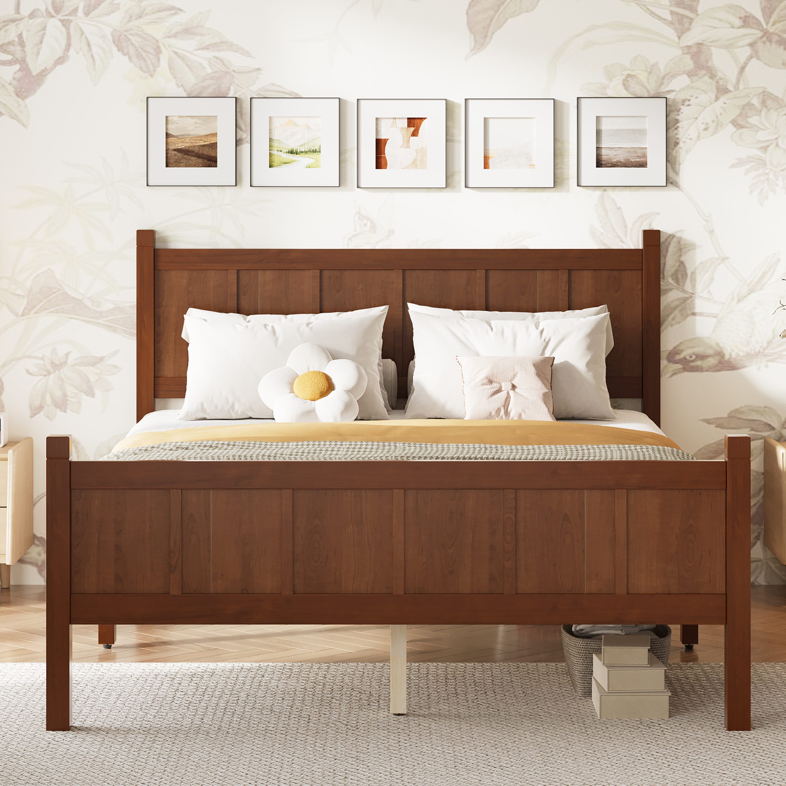 Full Size Flat Panel Bed with Headboard & Footboard, Minimalist Modern Platform Bed with Wood Grain Finish, Shaker and Farmhouse Style Design, Sleek and Functional Bedroom Furniture,Dark Walnut - Image 1