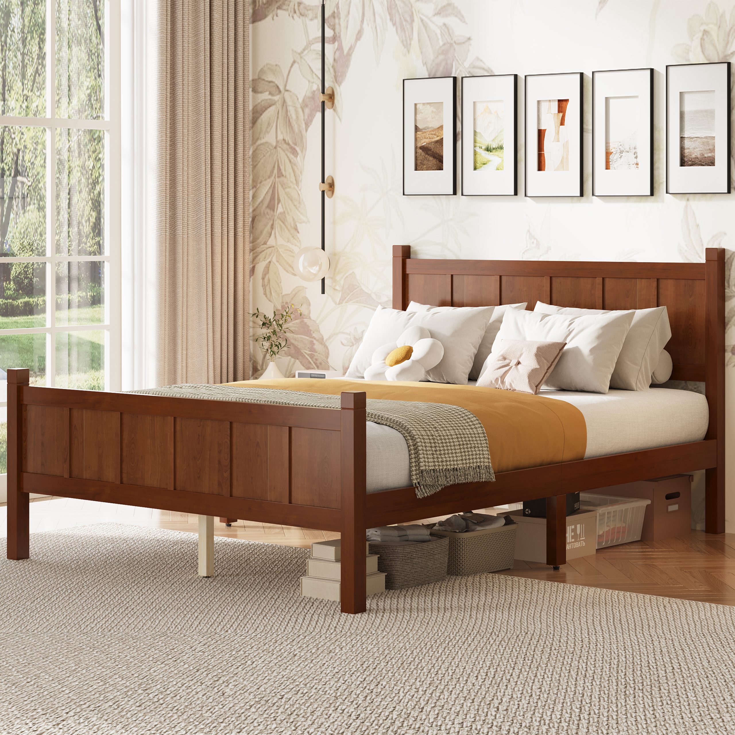 Full Size Flat Panel Bed with Headboard & Footboard, Minimalist Modern Platform Bed with Wood Grain Finish, Shaker and Farmhouse Style Design, Sleek and Functional Bedroom Furniture,Dark Walnut - Image 2