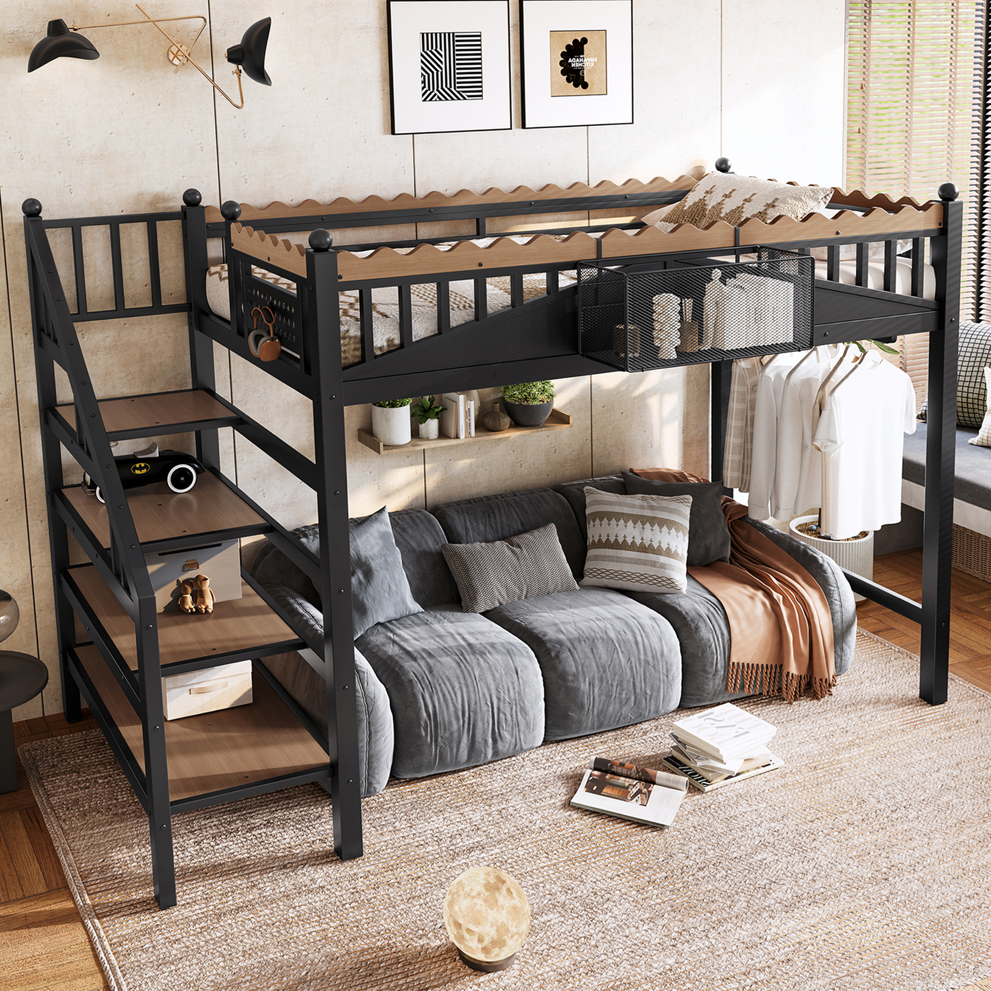 Twin XL Size Loft Bed with Storage Stairs, Metal Loft Beds Frame with Storage Shelves and bookshelf, Loft Bed for Bedroom, Guest, Dorms, Black - Image 2