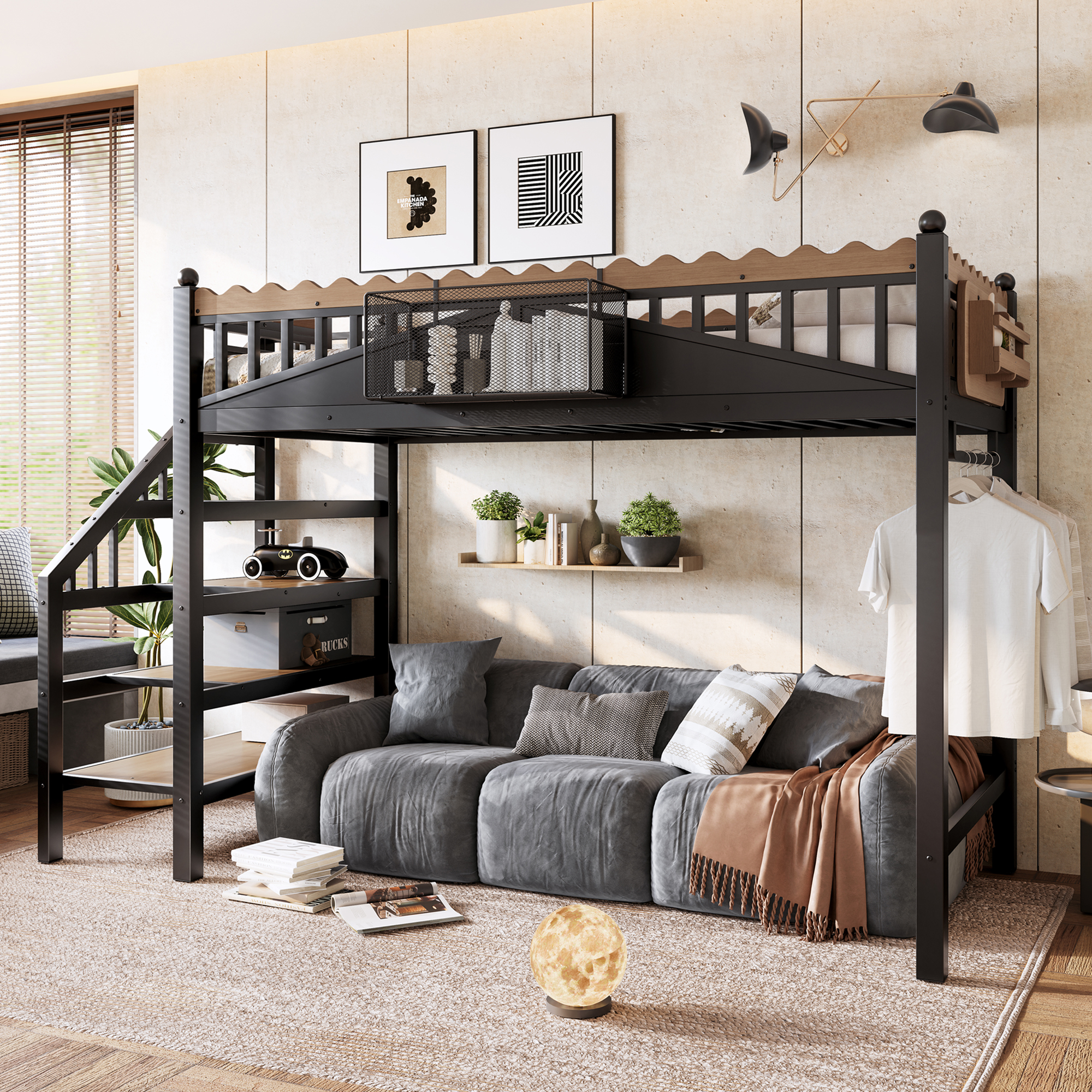Twin XL Size Loft Bed with Storage Stairs, Metal Loft Beds Frame with Storage Shelves and bookshelf, Loft Bed for Bedroom, Guest, Dorms, Black - Image 3