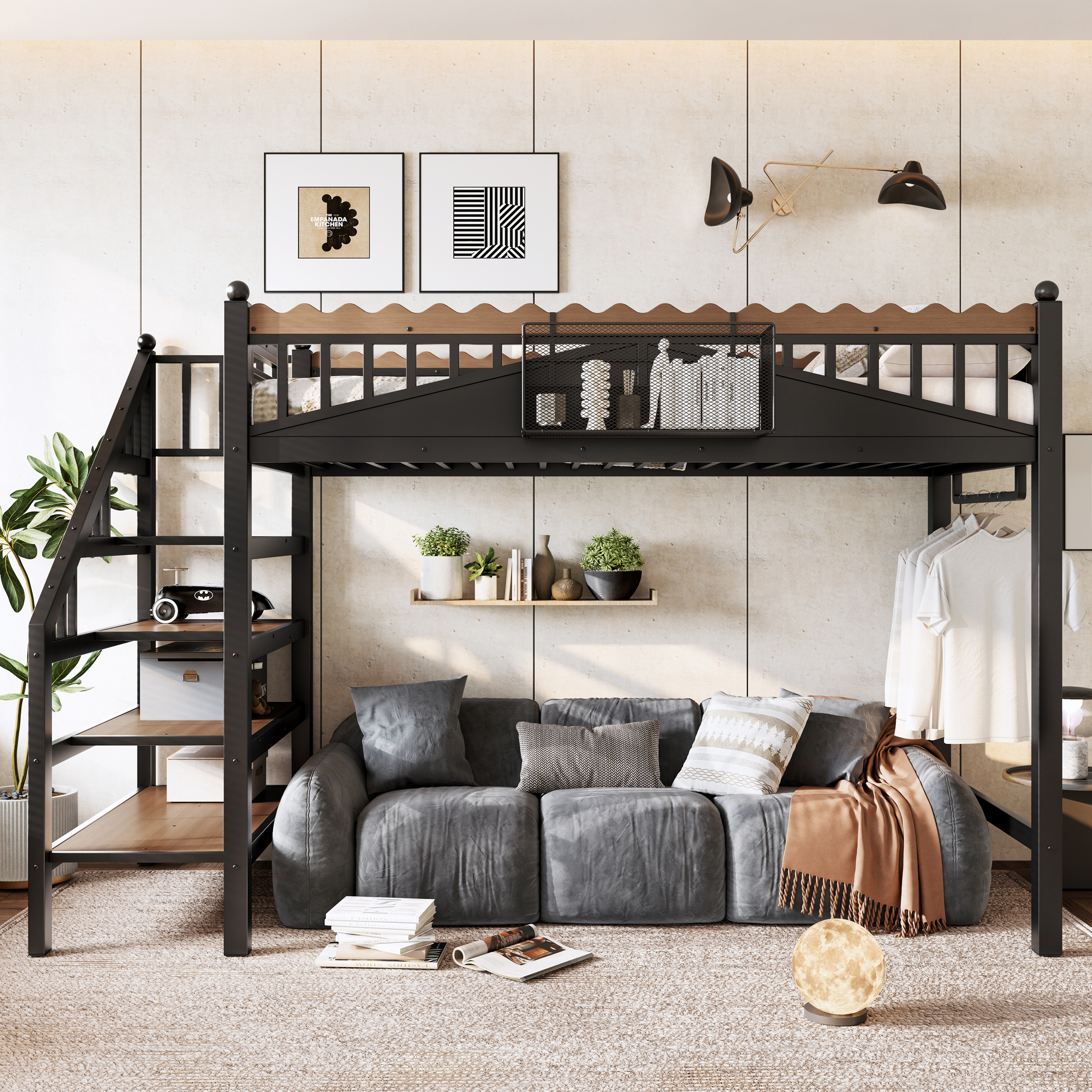 Twin XL Size Loft Bed with Storage Stairs, Metal Loft Beds Frame with Storage Shelves and bookshelf, Loft Bed for Bedroom, Guest, Dorms, Black - Image 4