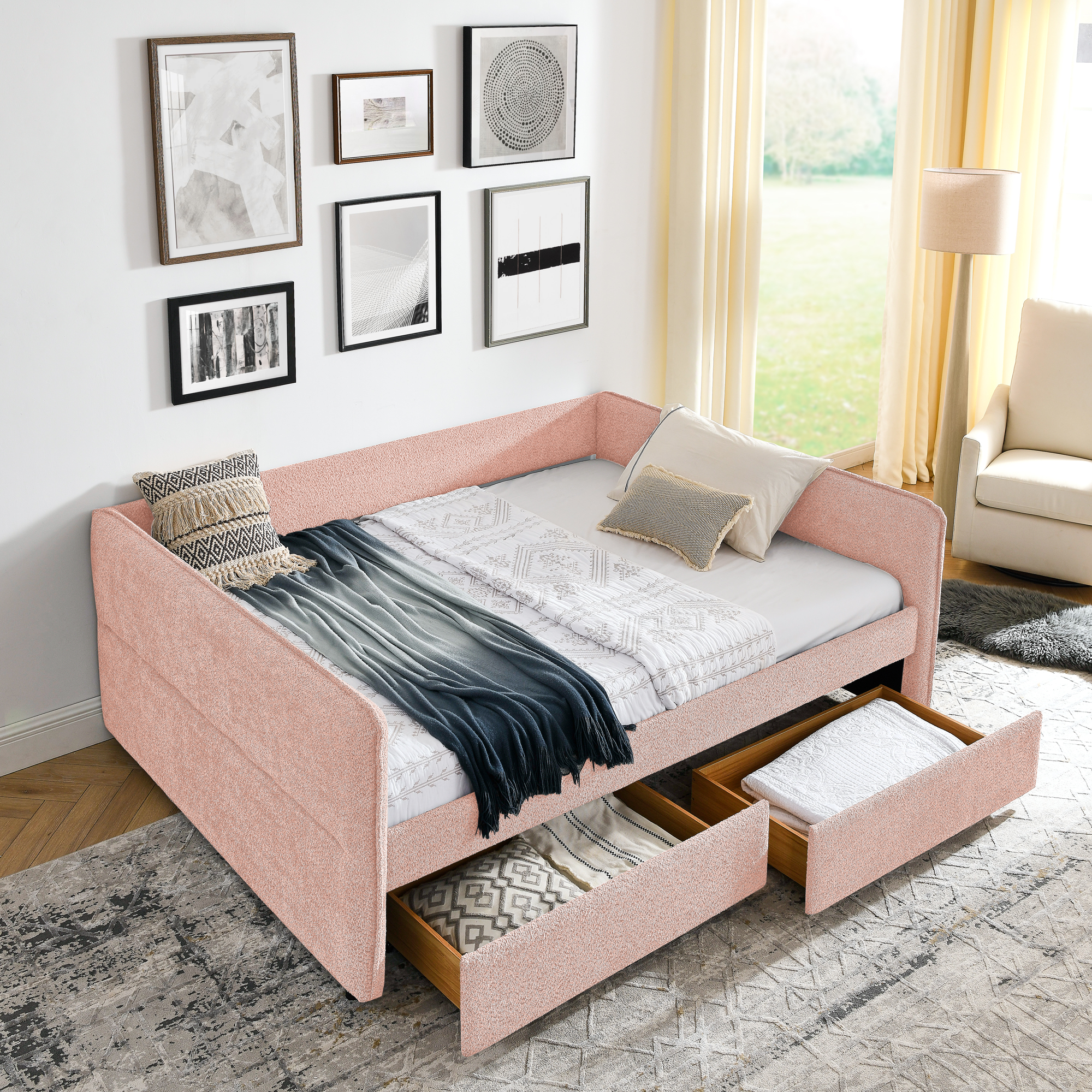 Queen Size Daybed with Two Drawers Upholstered Tufted Sofa Bed, Boucle Fabric (88″x65.5″x29.5″)