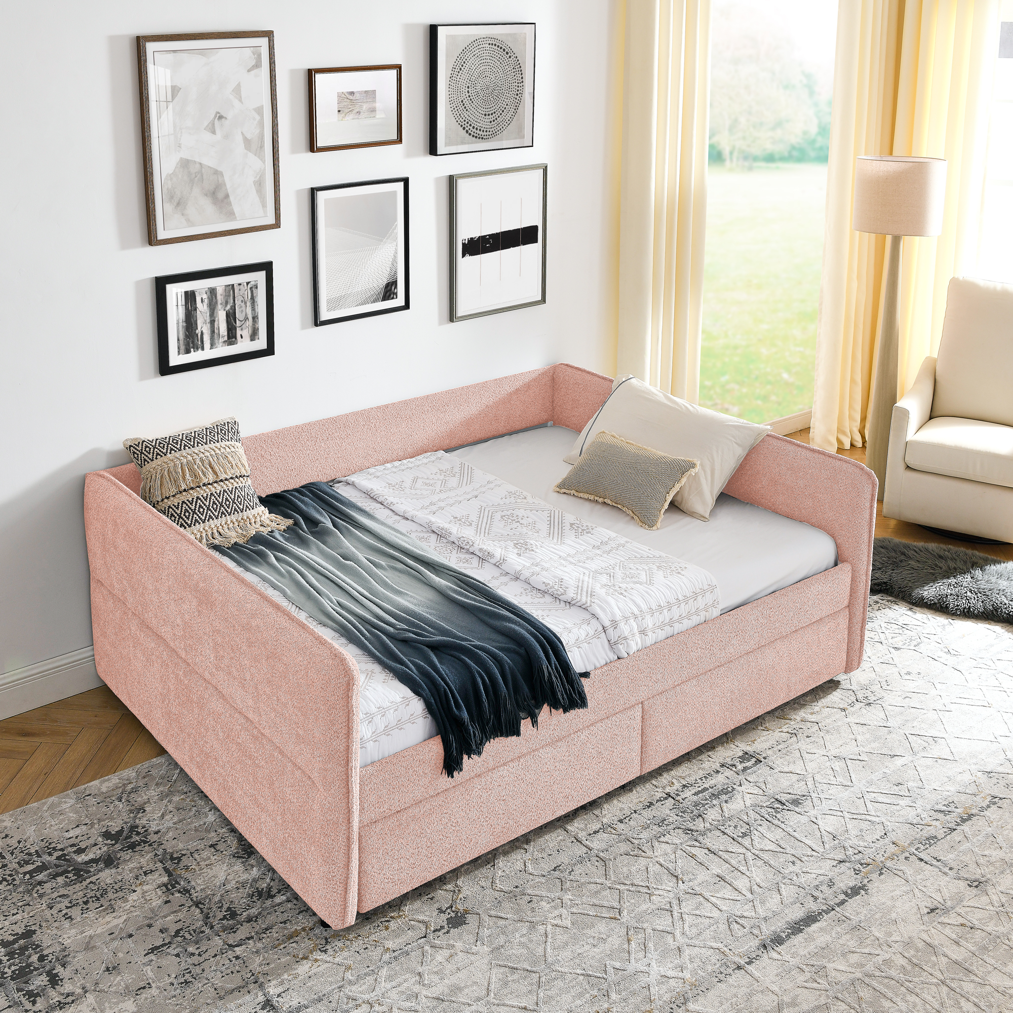 Queen Size Daybed with Two Drawers Upholstered Tufted Sofa Bed, Boucle Fabric (88"x65.5"x29.5") - Image 6
