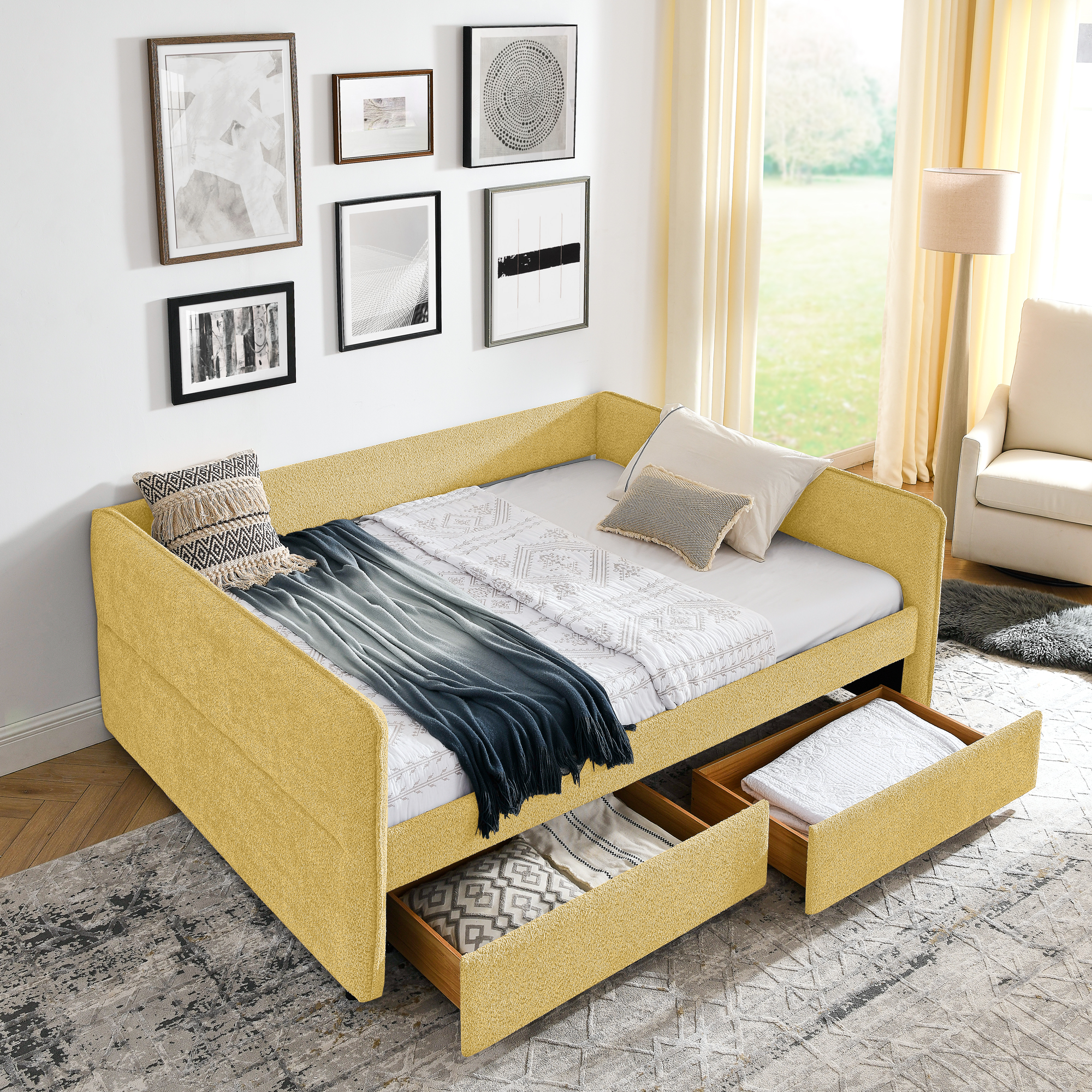 Queen Size Daybed with Two Drawers Upholstered Tufted Sofa Bed, Boucle Fabric (88"x65.5"x29.5") - Image 1