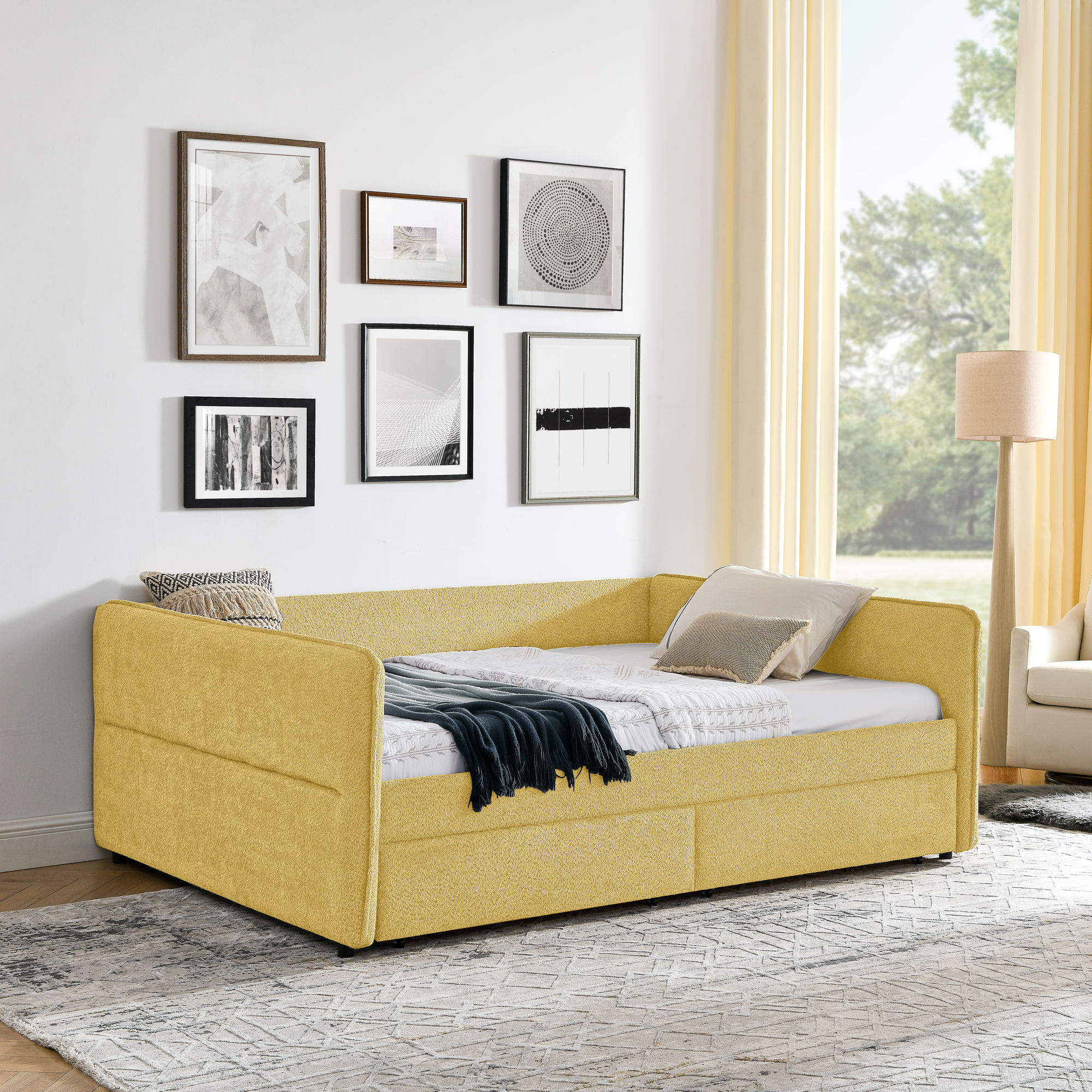 Queen Size Daybed with Two Drawers Upholstered Tufted Sofa Bed, Boucle Fabric (88"x65.5"x29.5") - Image 2