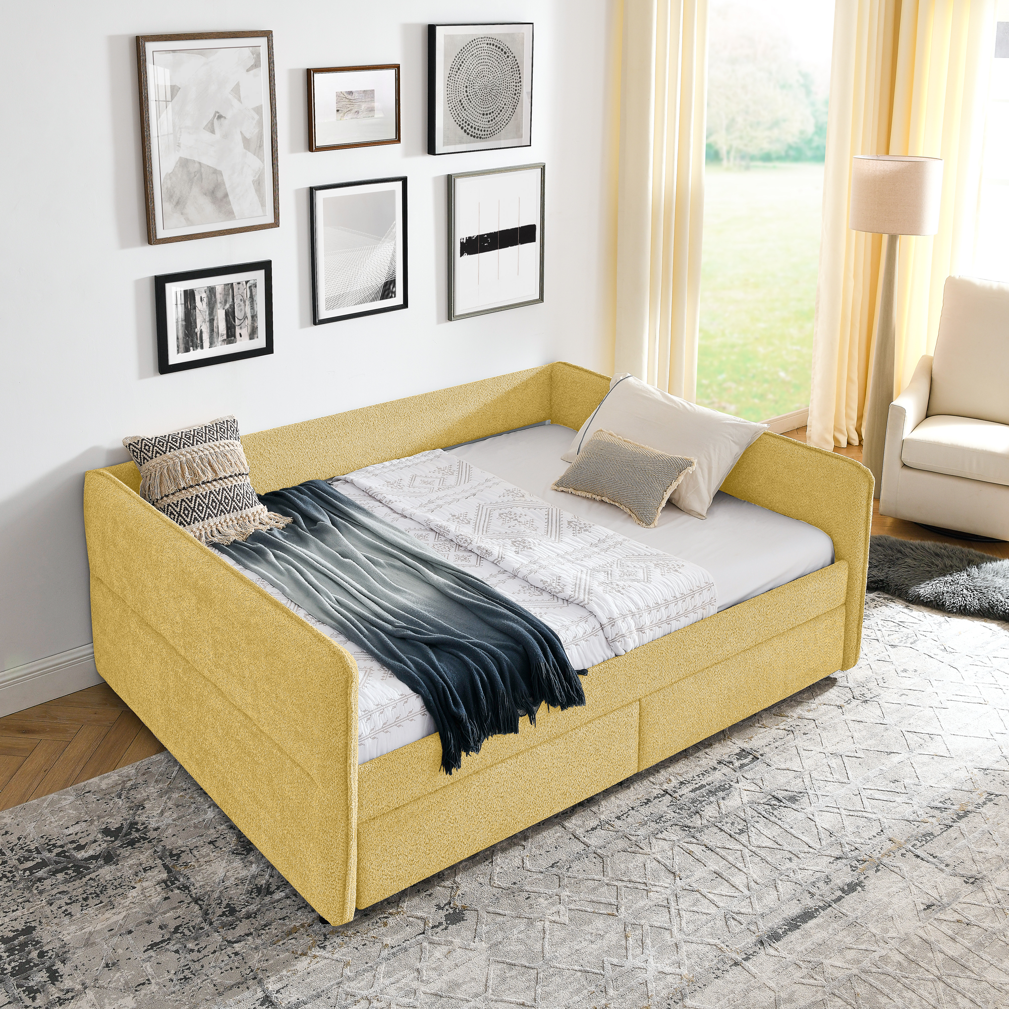 Queen Size Daybed with Two Drawers Upholstered Tufted Sofa Bed, Boucle Fabric (88"x65.5"x29.5") - Image 3