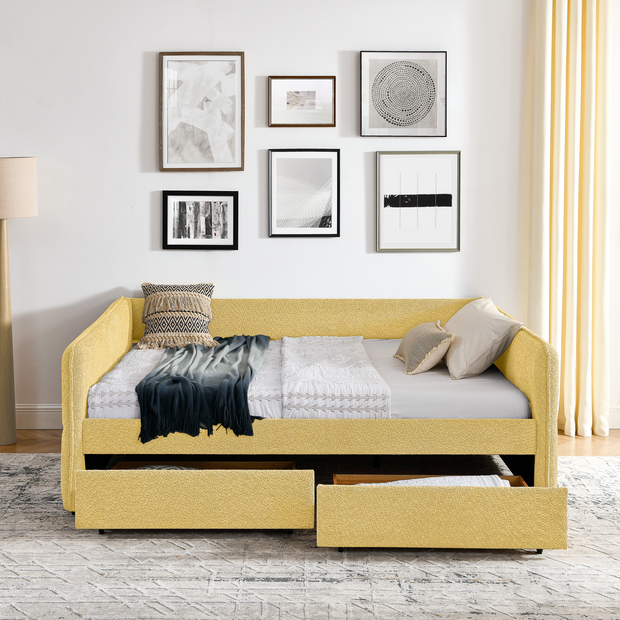 Queen Size Daybed with Two Drawers Upholstered Tufted Sofa Bed, Boucle Fabric (88"x65.5"x29.5") - Image 5