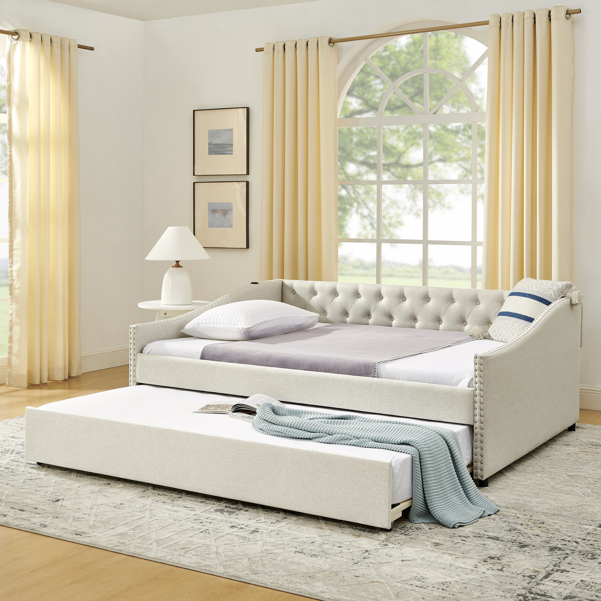 Full Size Daybed with USB Charging & Twin Size Pull-out Extendable Bed, with Button on Back and Copper Nail on Waved Shape Arms - Image 2