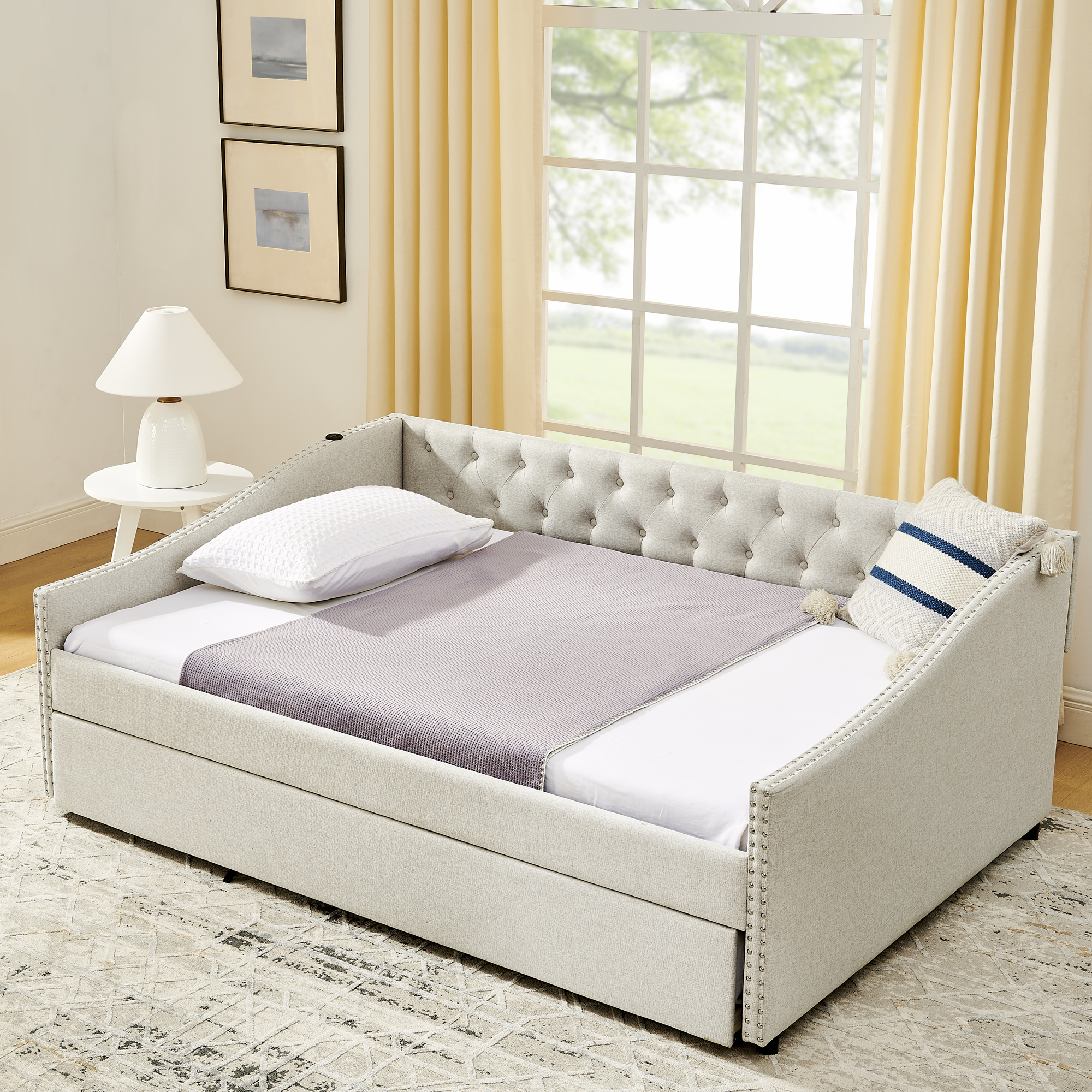 Full Size Daybed with USB Charging & Twin Size Pull-out Extendable Bed, with Button on Back and Copper Nail on Waved Shape Arms - Image 3