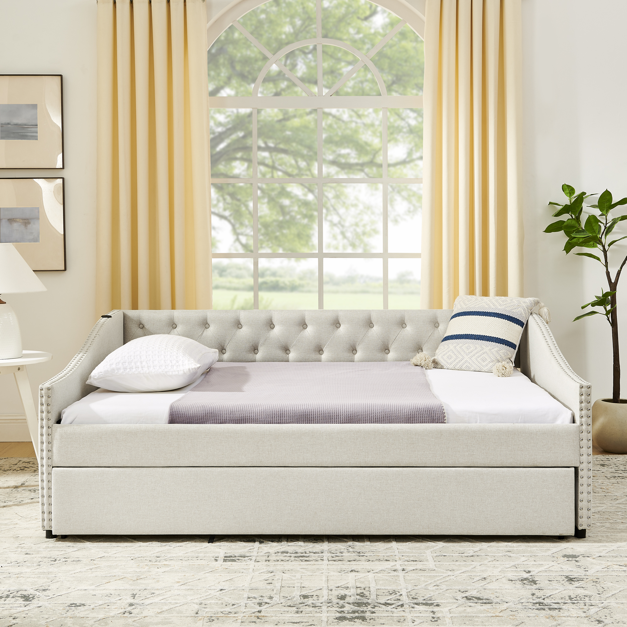 Full Size Daybed with USB Charging & Twin Size Pull-out Extendable Bed, with Button on Back and Copper Nail on Waved Shape Arms - Image 4