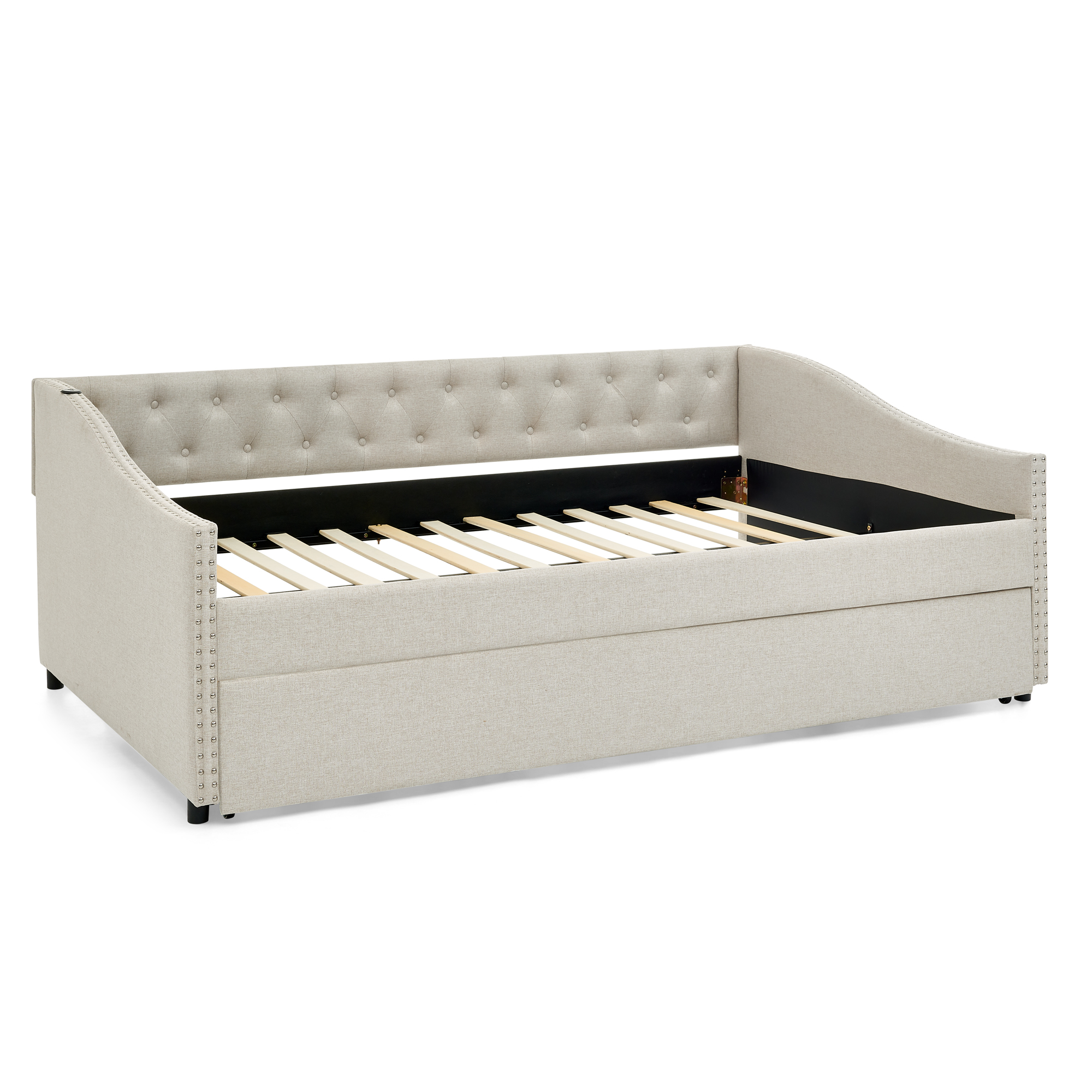 Full Size Daybed with USB Charging & Twin Size Pull-out Extendable Bed, with Button on Back and Copper Nail on Waved Shape Arms - Image 5