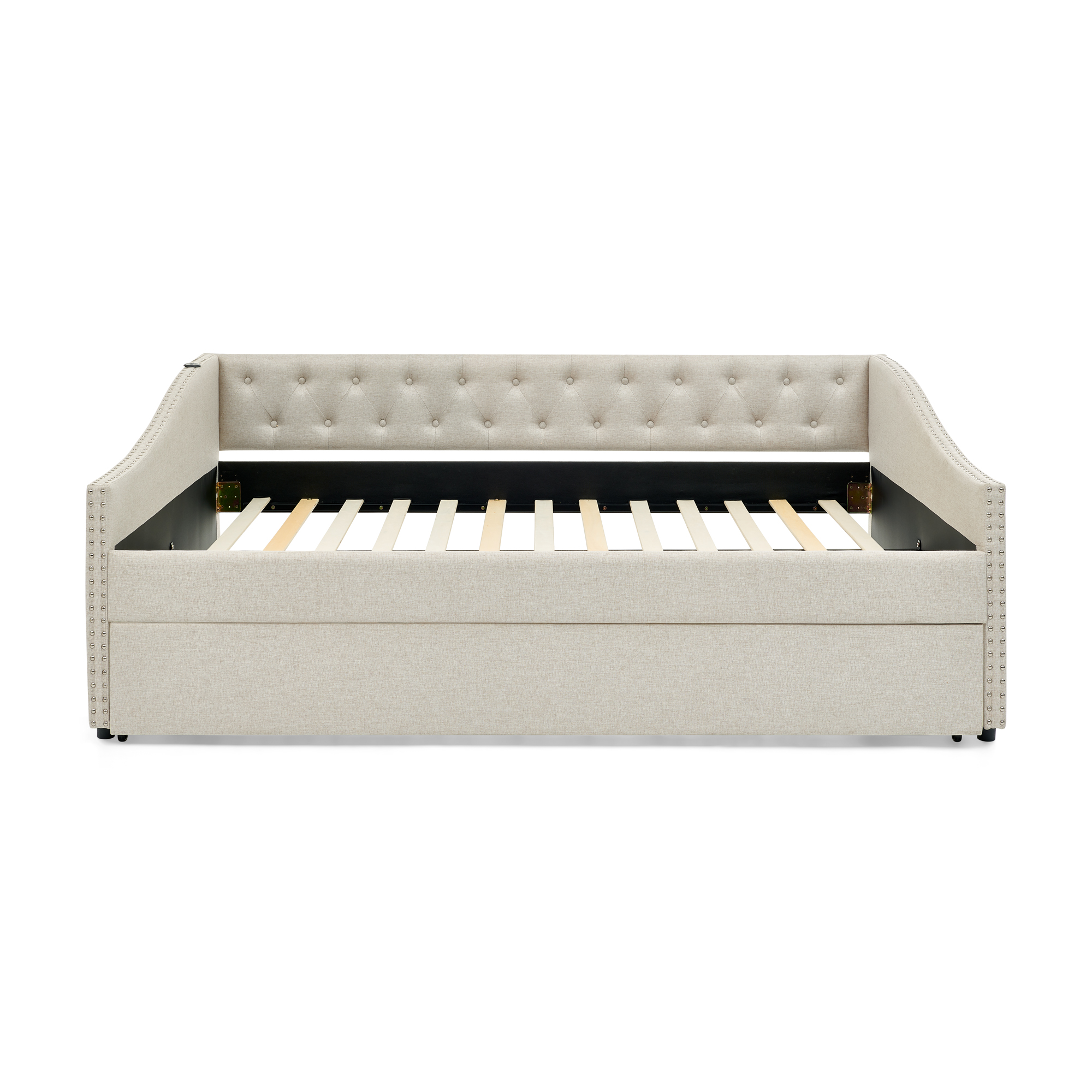 Full Size Daybed with USB Charging & Twin Size Pull-out Extendable Bed, with Button on Back and Copper Nail on Waved Shape Arms - Image 6