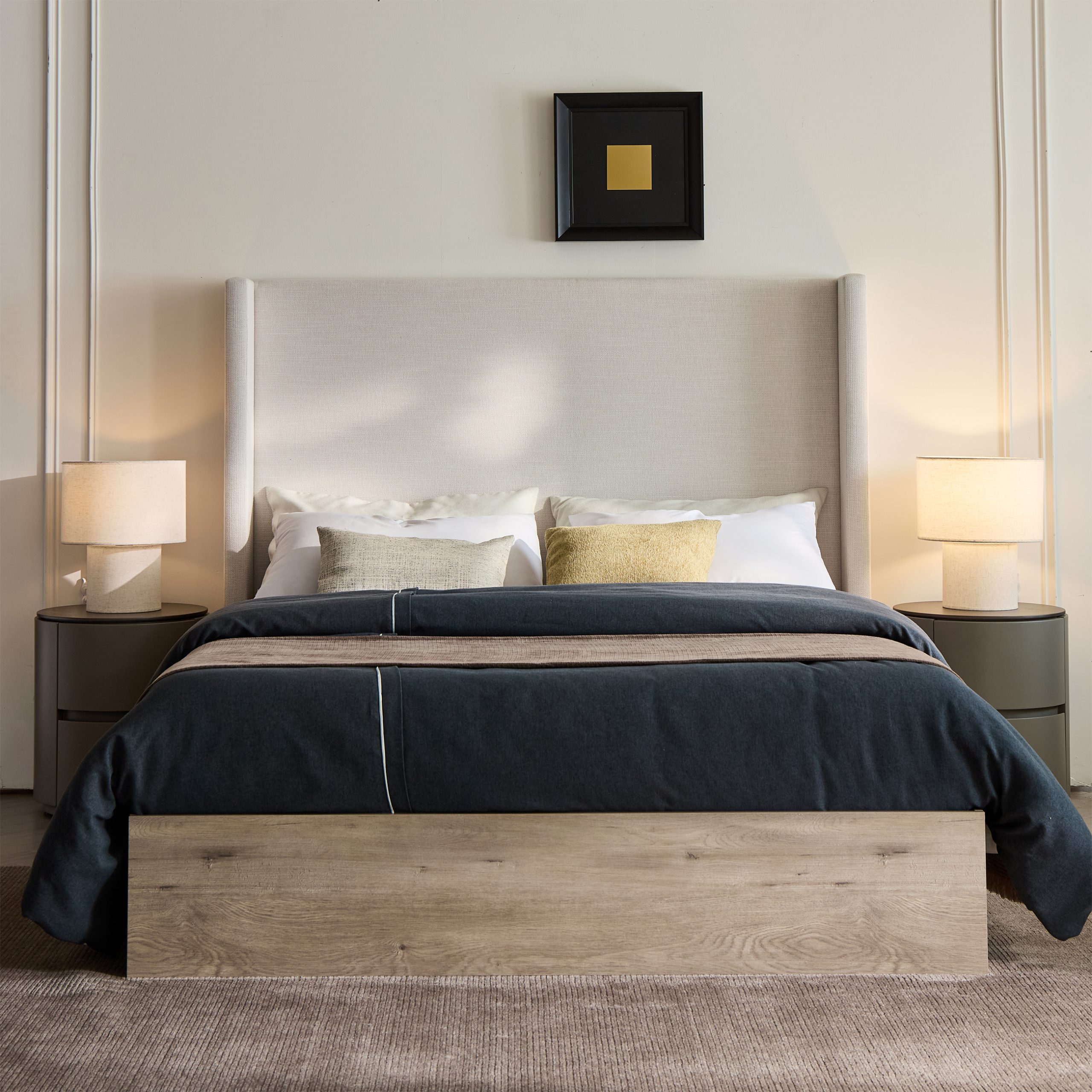 Shelton Upholstered Wingback Bed / 54" High Headboard / Wood Base / Rustic / Modern Farmhouse / Neutral / Scandinavian, Queen, Textured Ivory Canvas Chenille - Image 1