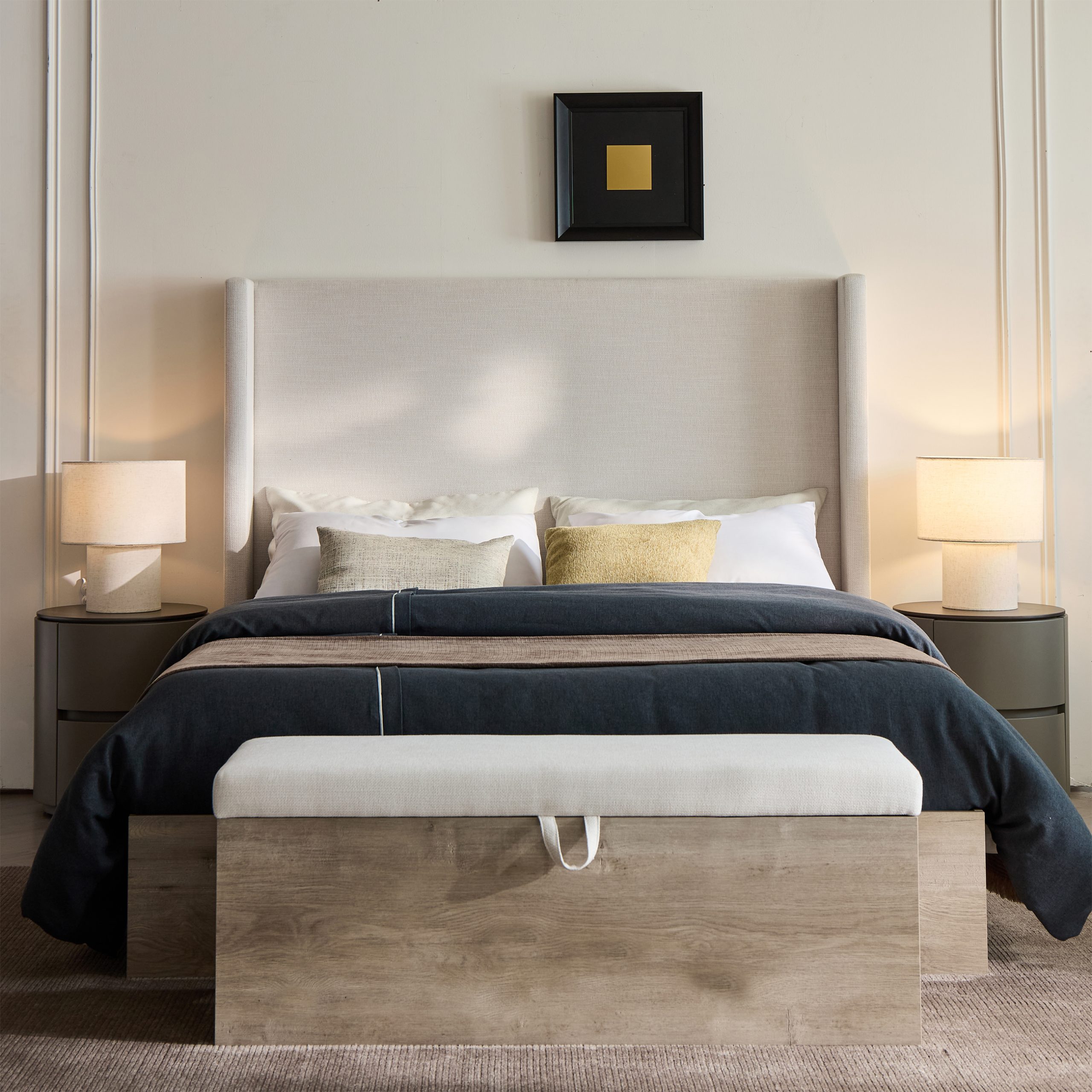 Shelton Upholstered Wingback Bed / 54" High Headboard / Wood Base / Rustic / Modern Farmhouse / Neutral / Scandinavian, Queen, Textured Ivory Canvas Chenille - Image 3