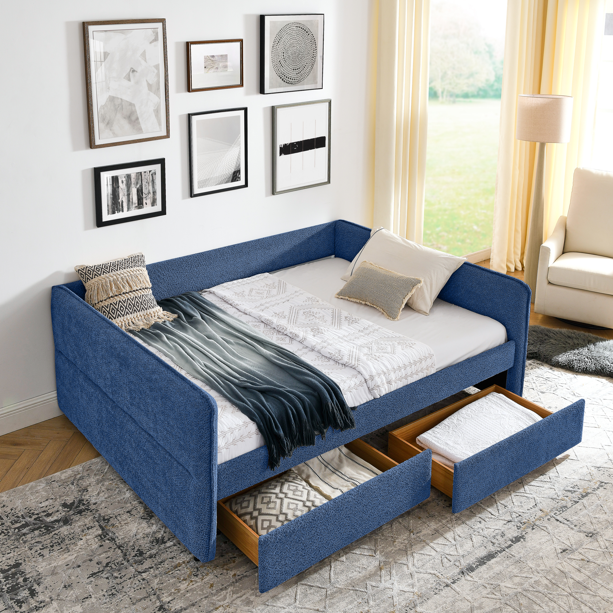 Queen Size Daybed with Two Drawers Upholstered Tufted Sofa Bed, Boucle Fabric (88″x65.5″x29.5″)