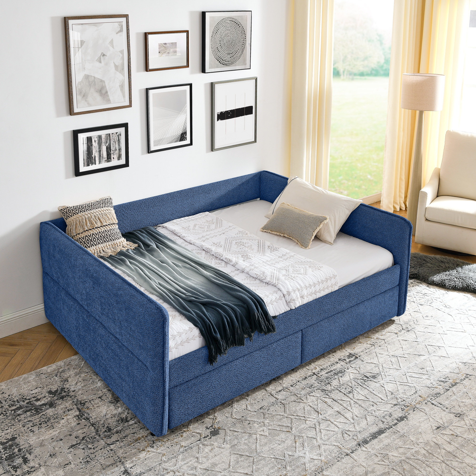 Queen Size Daybed with Two Drawers Upholstered Tufted Sofa Bed, Boucle Fabric (88"x65.5"x29.5") - Image 5