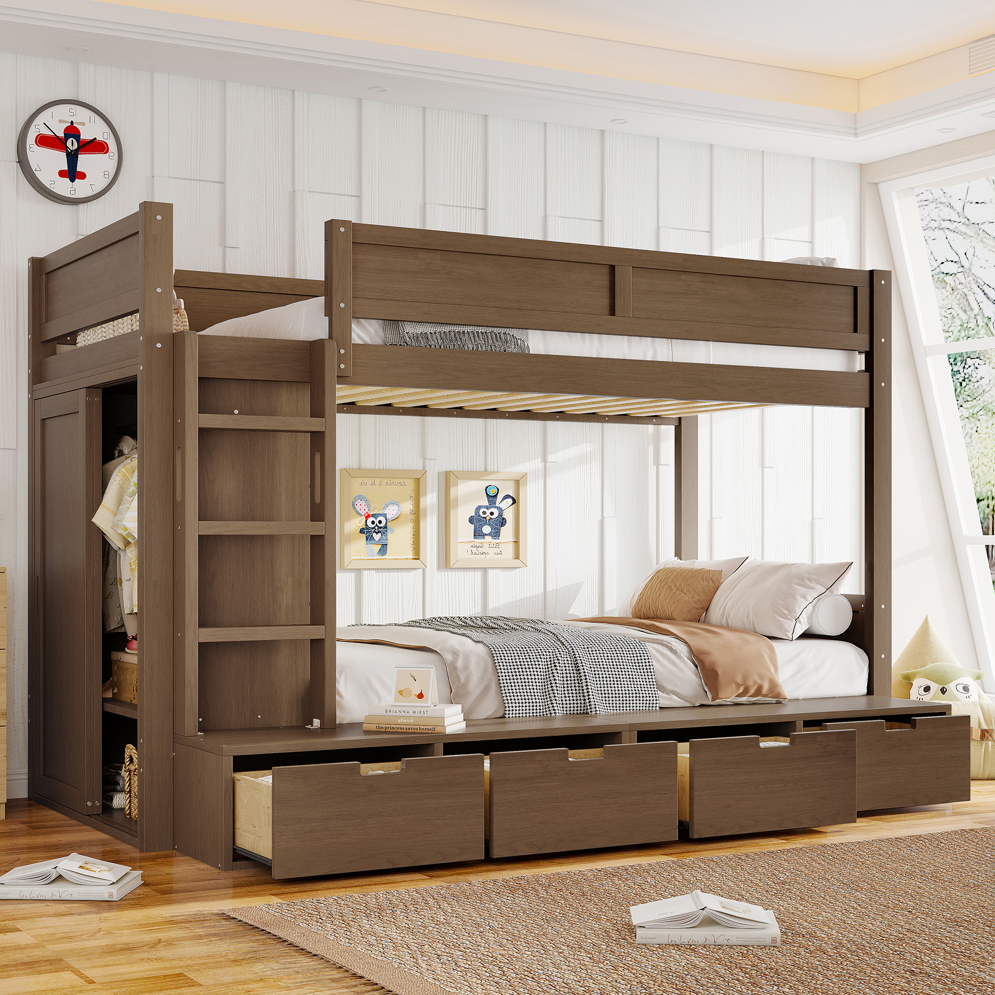 Twin over Twin Bunk Bed with 4 Storage Drawers, Solid Wood Bunk Bed with Built-in Wardrobe and Full-length Guardrails, No Box Spring Needed, Brown - Image 1