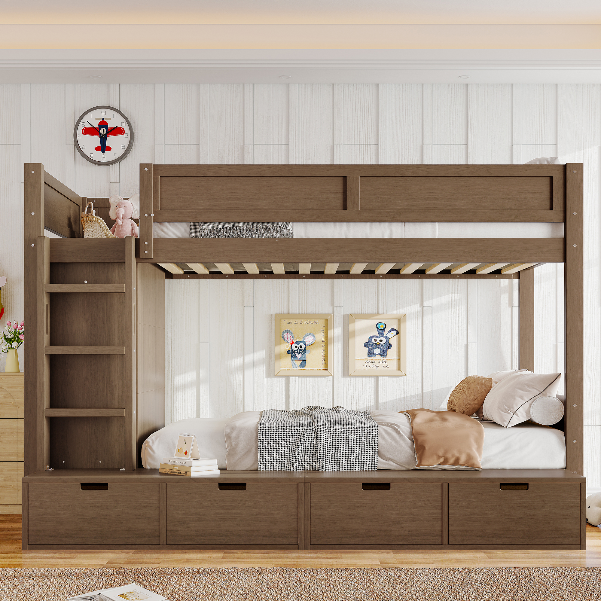 Twin over Twin Bunk Bed with 4 Storage Drawers, Solid Wood Bunk Bed with Built-in Wardrobe and Full-length Guardrails, No Box Spring Needed, Brown - Image 2