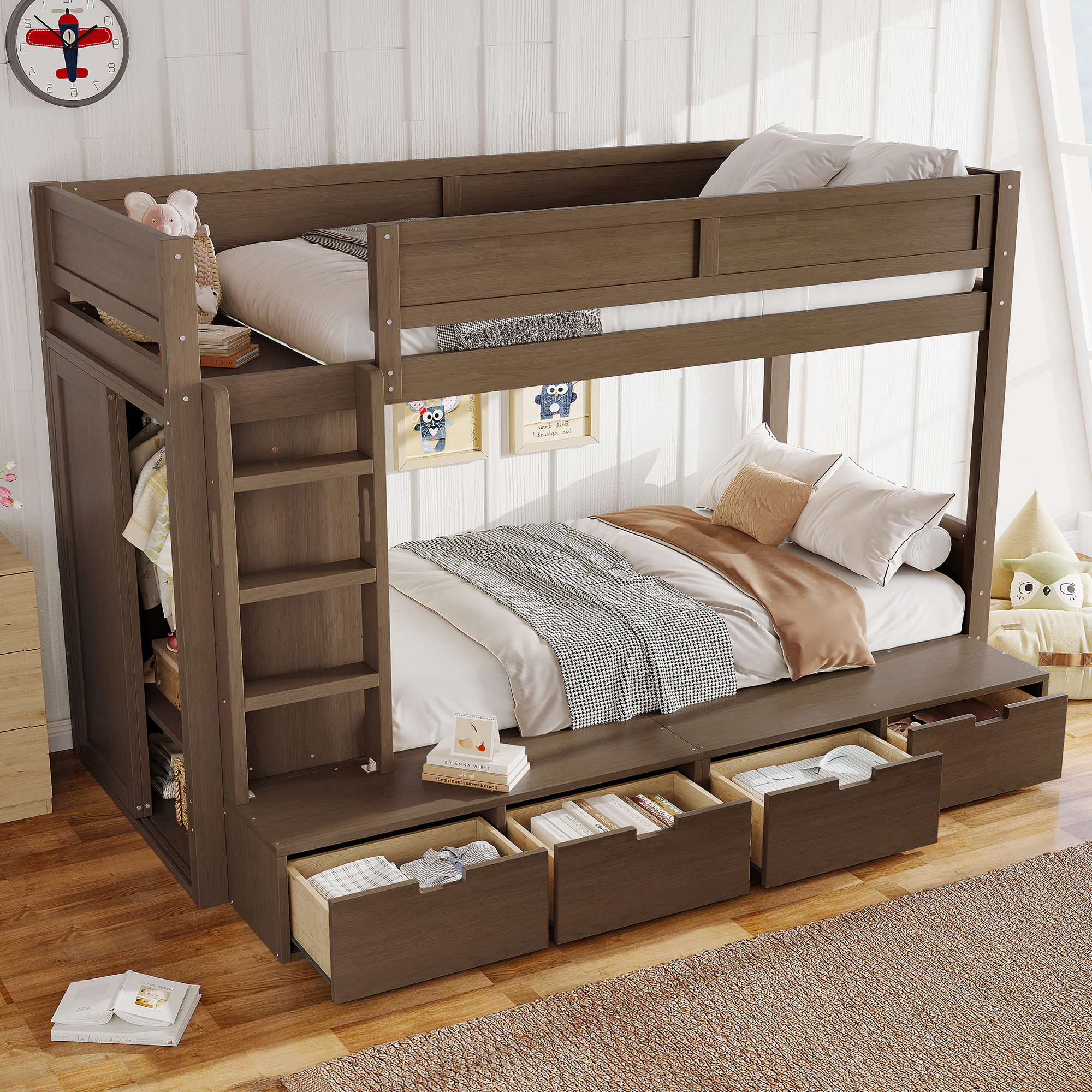 Twin over Twin Bunk Bed with 4 Storage Drawers, Solid Wood Bunk Bed with Built-in Wardrobe and Full-length Guardrails, No Box Spring Needed, Brown - Image 3