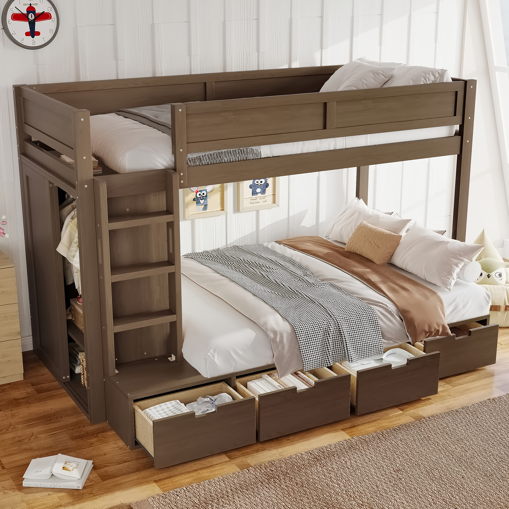 Twin over Twin Bunk Bed with 4 Storage Drawers, Solid Wood Bunk Bed with Built-in Wardrobe and Full-length Guardrails, No Box Spring Needed, Brown - Image 4