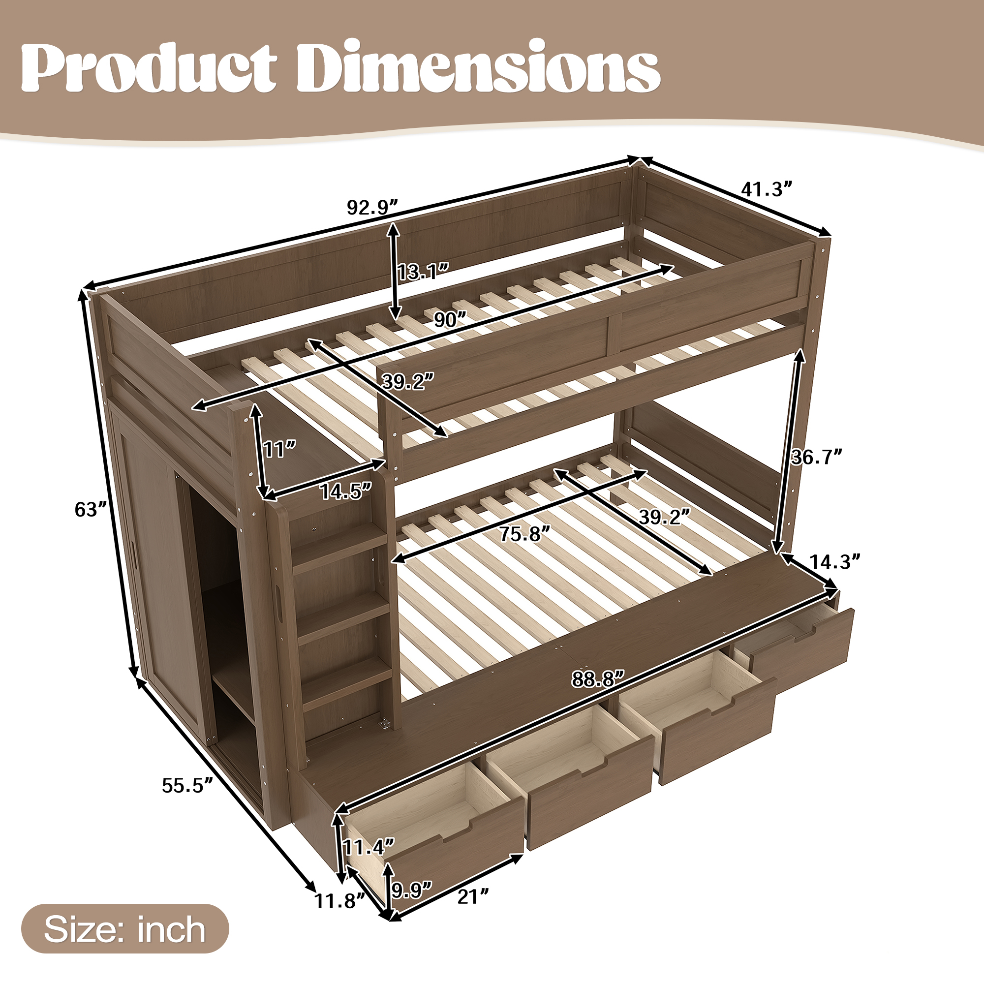 Twin over Twin Bunk Bed with 4 Storage Drawers, Solid Wood Bunk Bed with Built-in Wardrobe and Full-length Guardrails, No Box Spring Needed, Brown - Image 5