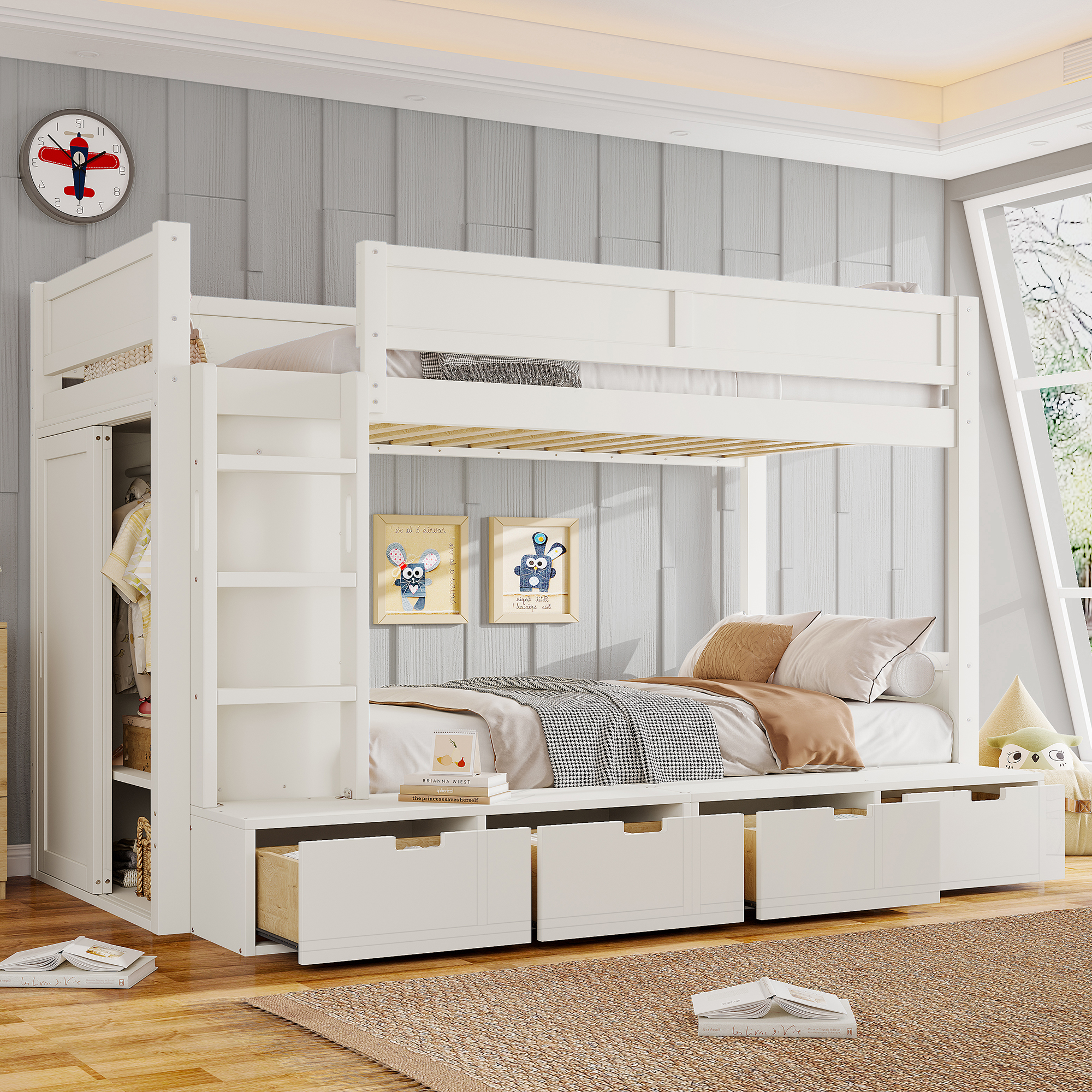 Twin over Twin Bunk Bed with 4 Storage Drawers, Solid Wood Bunk Bed with Built-in Wardrobe and Full-length Guardrails, No Box Spring Needed, Ivory
