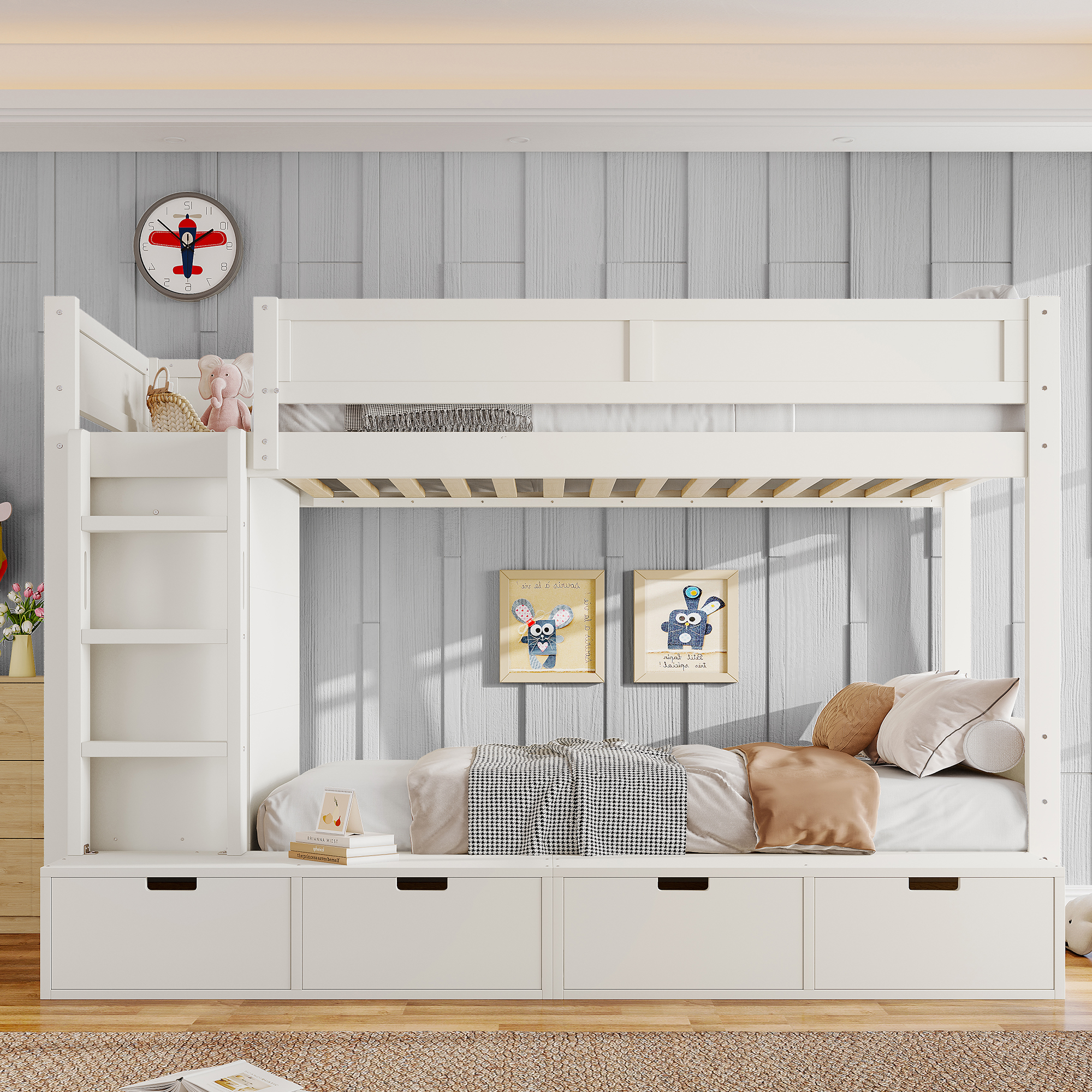 Twin over Twin Bunk Bed with 4 Storage Drawers, Solid Wood Bunk Bed with Built-in Wardrobe and Full-length Guardrails, No Box Spring Needed, Ivory - Image 2