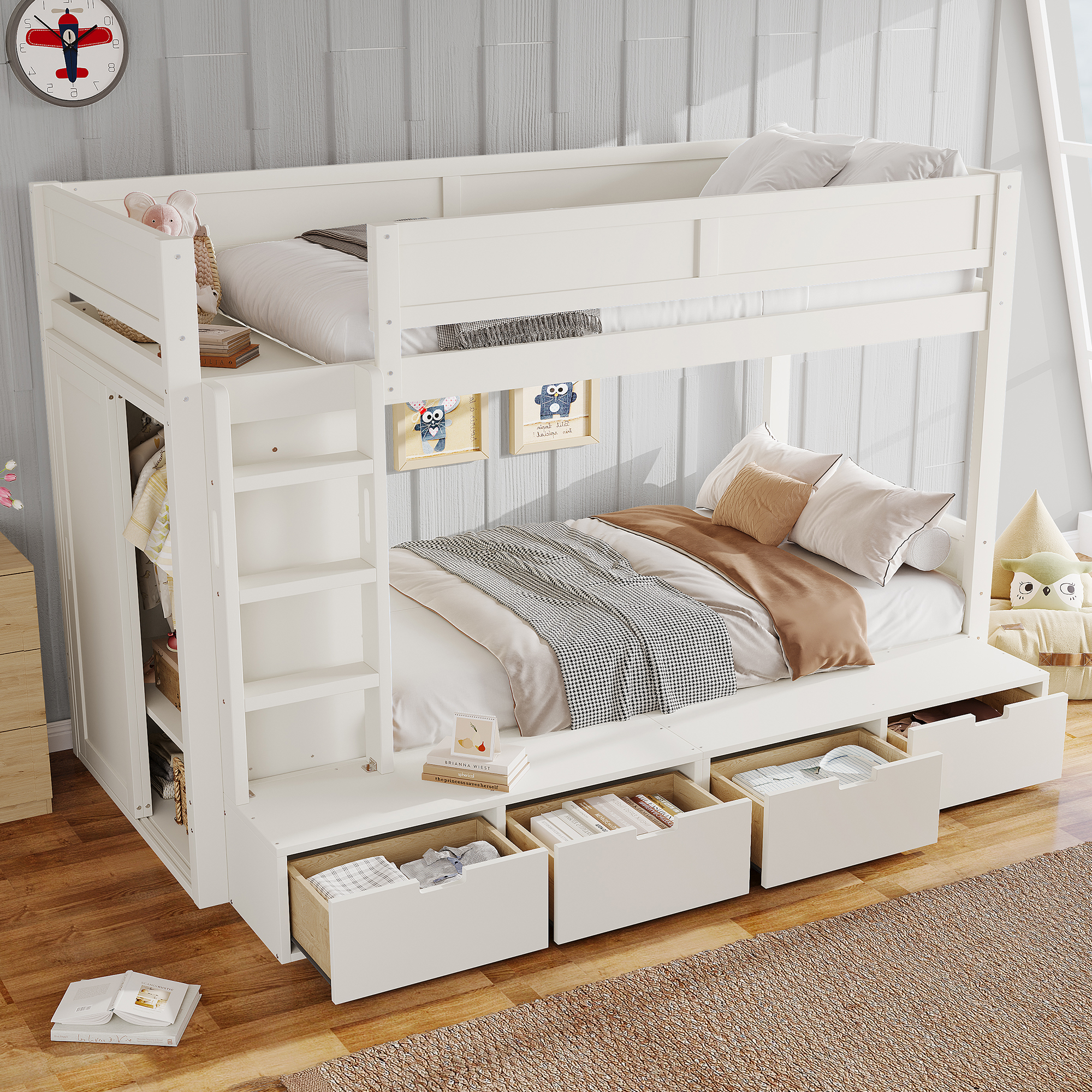 Twin over Twin Bunk Bed with 4 Storage Drawers, Solid Wood Bunk Bed with Built-in Wardrobe and Full-length Guardrails, No Box Spring Needed, Ivory - Image 3