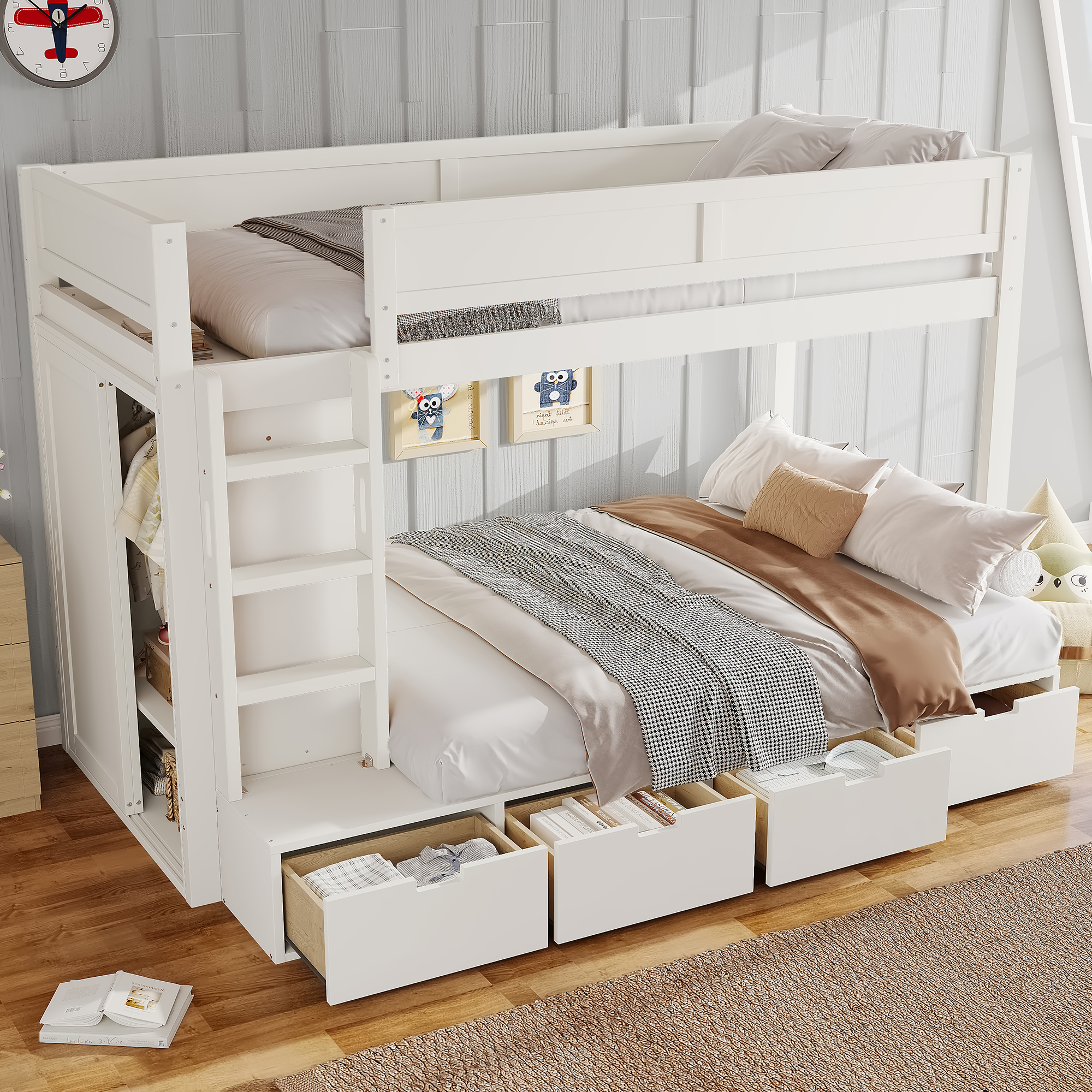Twin over Twin Bunk Bed with 4 Storage Drawers, Solid Wood Bunk Bed with Built-in Wardrobe and Full-length Guardrails, No Box Spring Needed, Ivory - Image 4