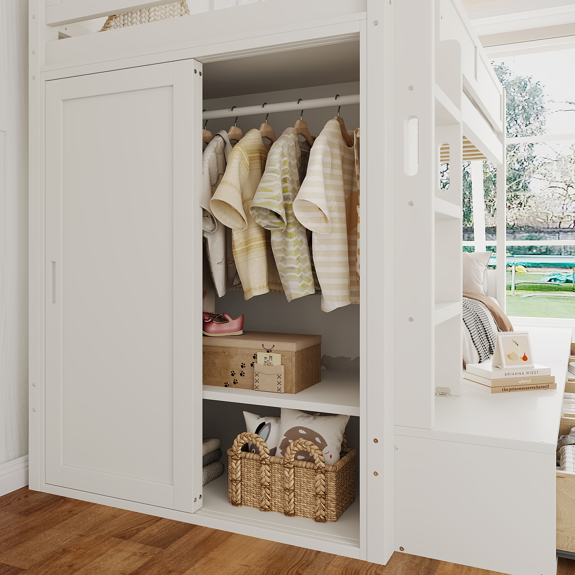 Twin over Twin Bunk Bed with 4 Storage Drawers, Solid Wood Bunk Bed with Built-in Wardrobe and Full-length Guardrails, No Box Spring Needed, Ivory - Image 5