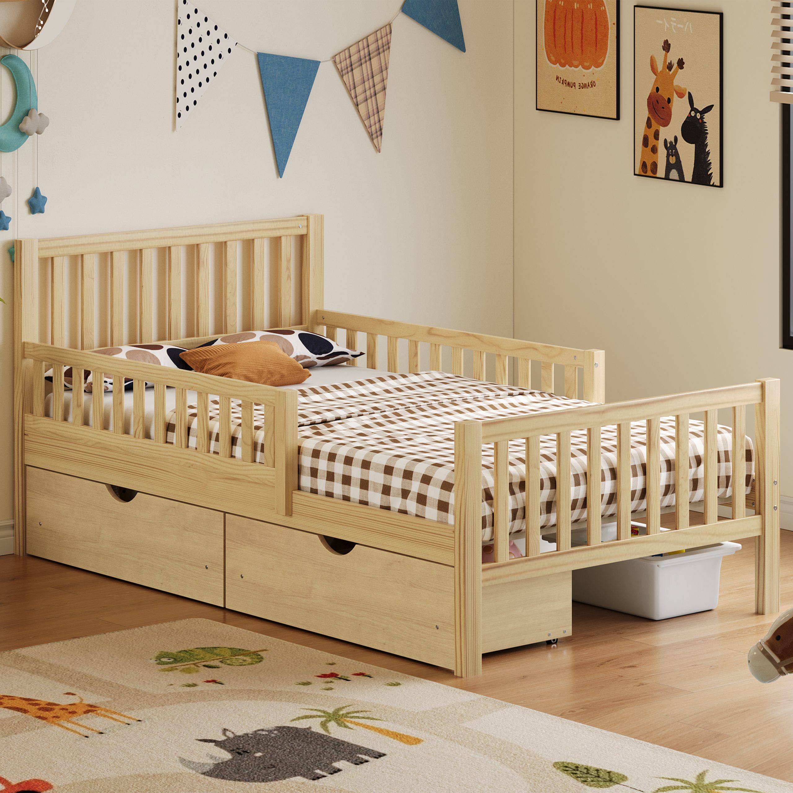 Twin Size Wood Platform Bed with Guardrails on Both Sides and Two Storage Drawers ,Natural - Image 2