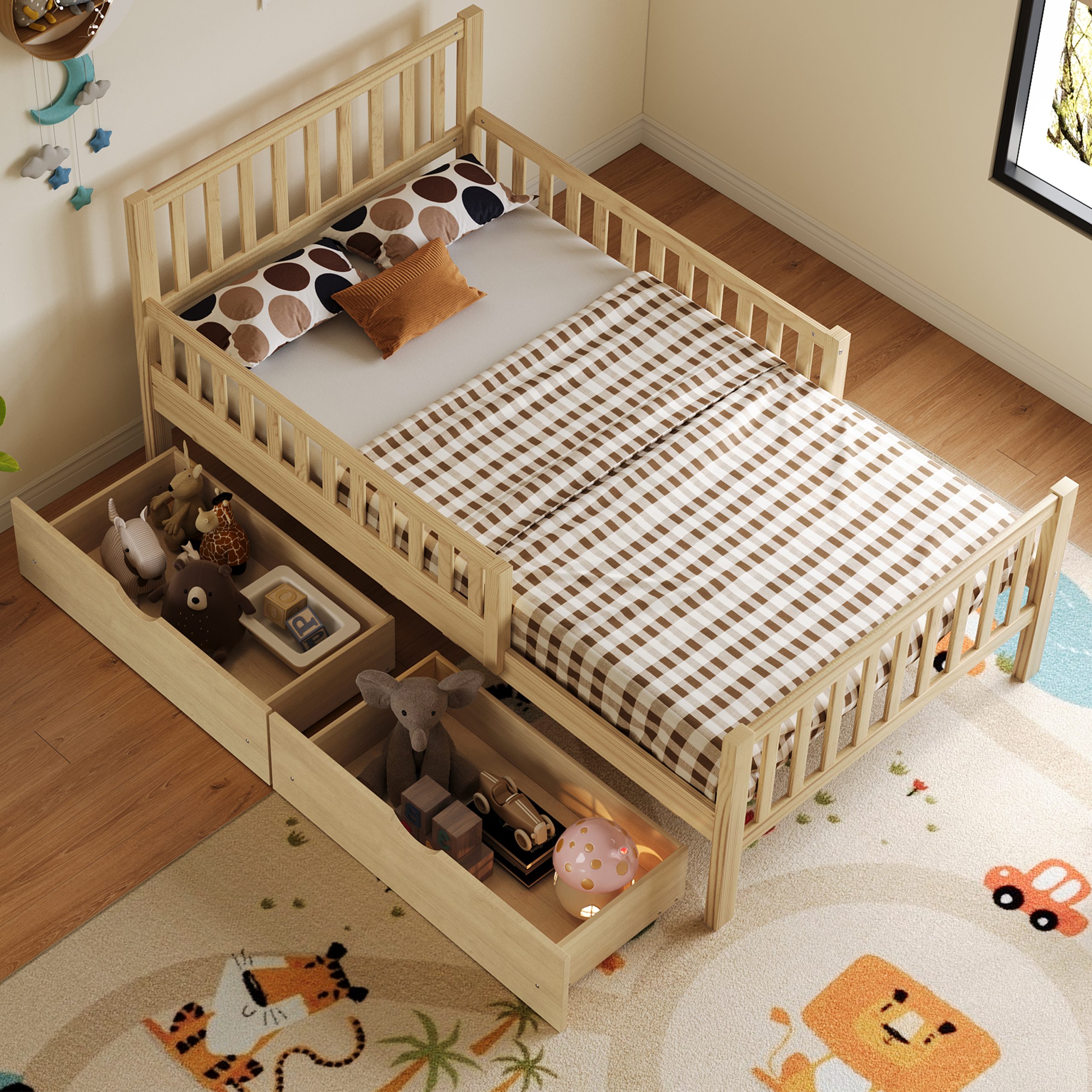 Twin Size Wood Platform Bed with Guardrails on Both Sides and Two Storage Drawers ,Natural - Image 3