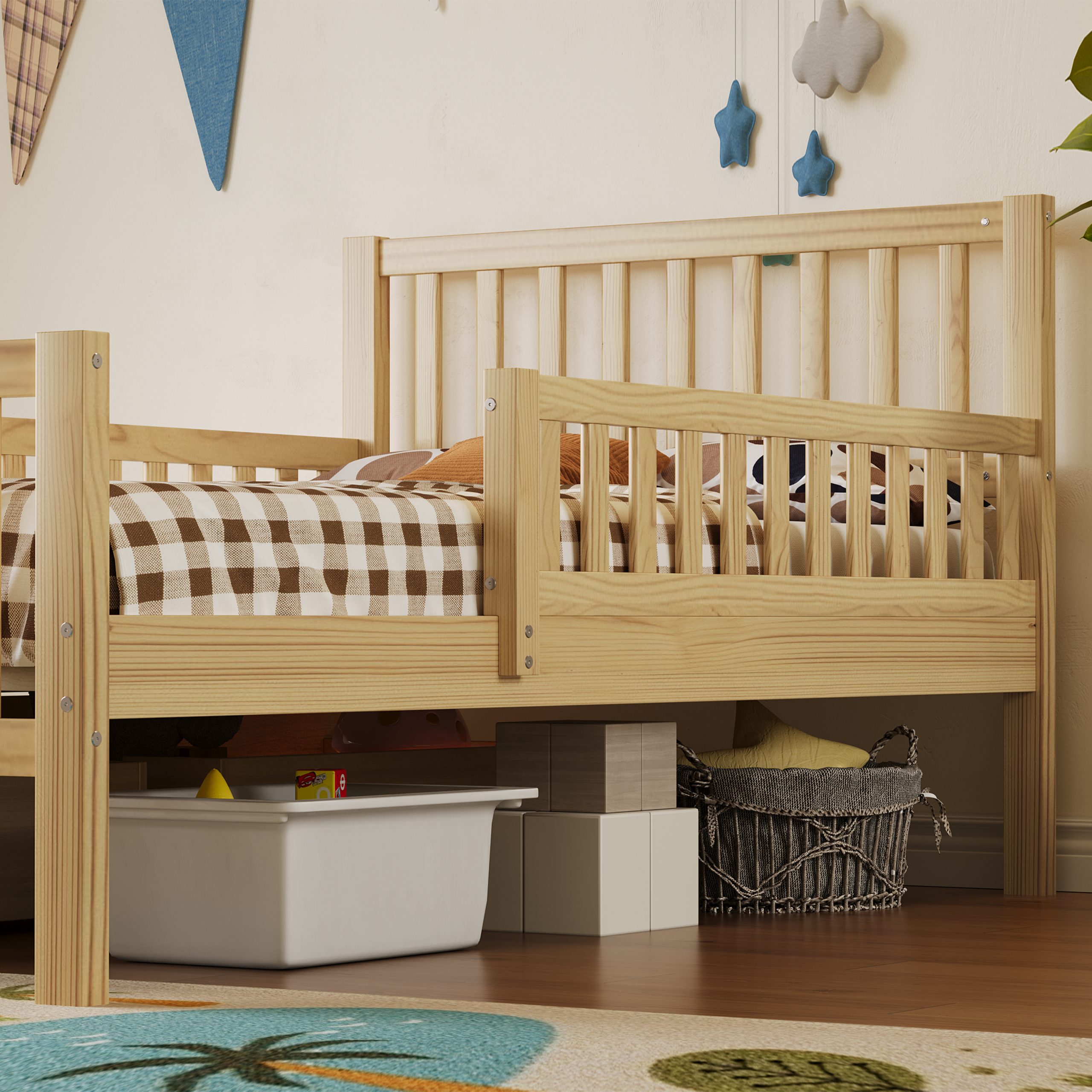 Twin Size Wood Platform Bed with Guardrails on Both Sides and Two Storage Drawers ,Natural - Image 4