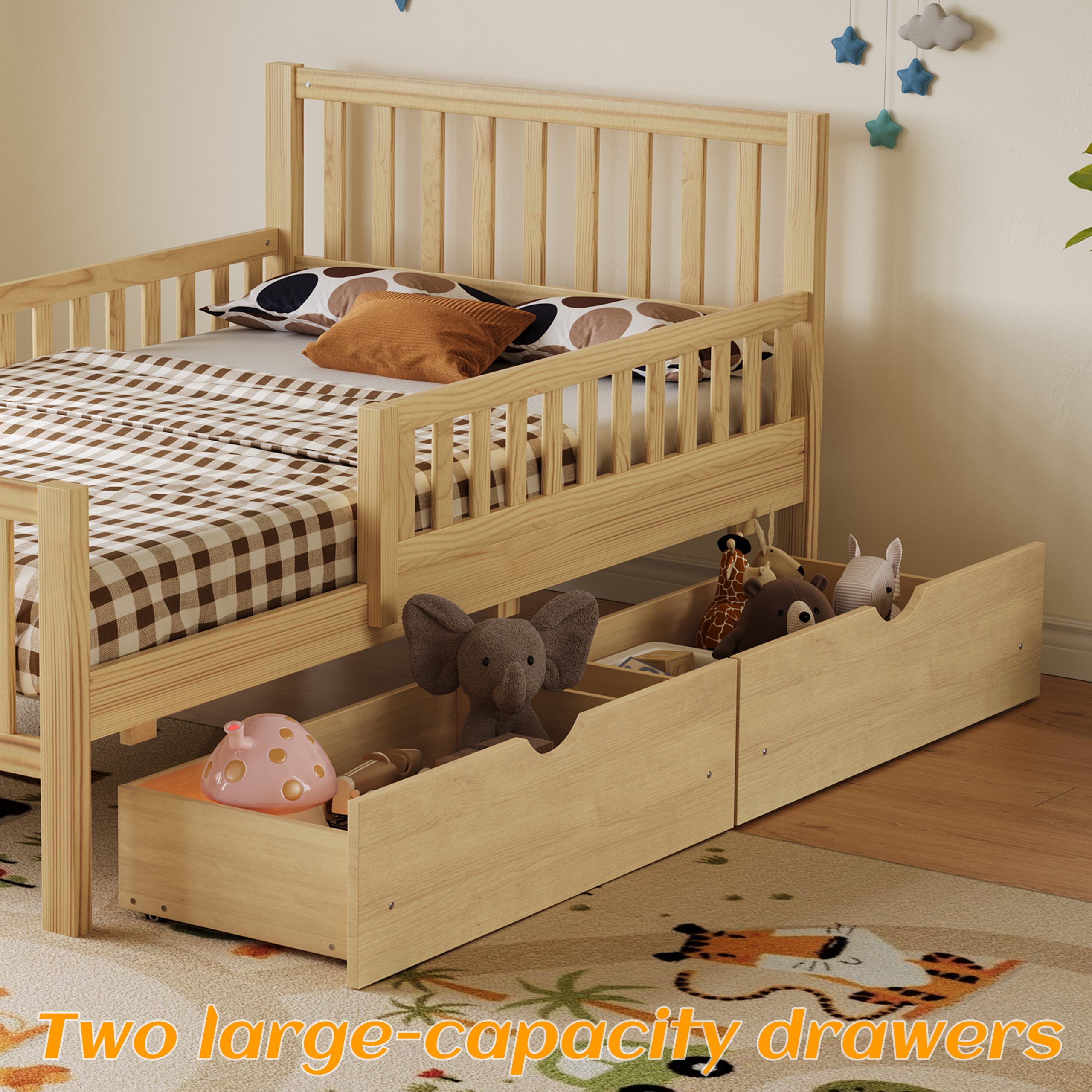 Twin Size Wood Platform Bed with Guardrails on Both Sides and Two Storage Drawers ,Natural - Image 5