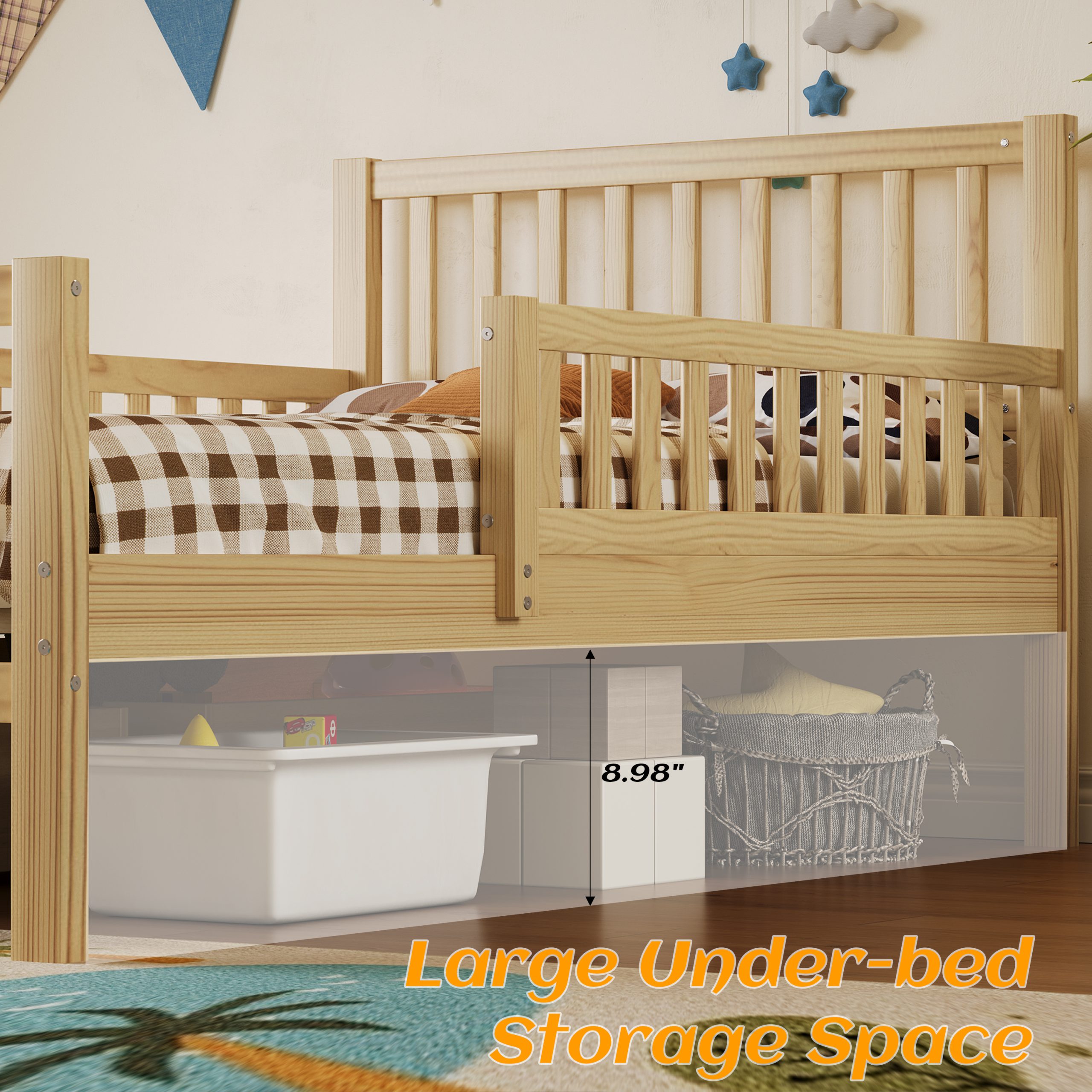 Twin Size Wood Platform Bed with Guardrails on Both Sides and Two Storage Drawers ,Natural - Image 6