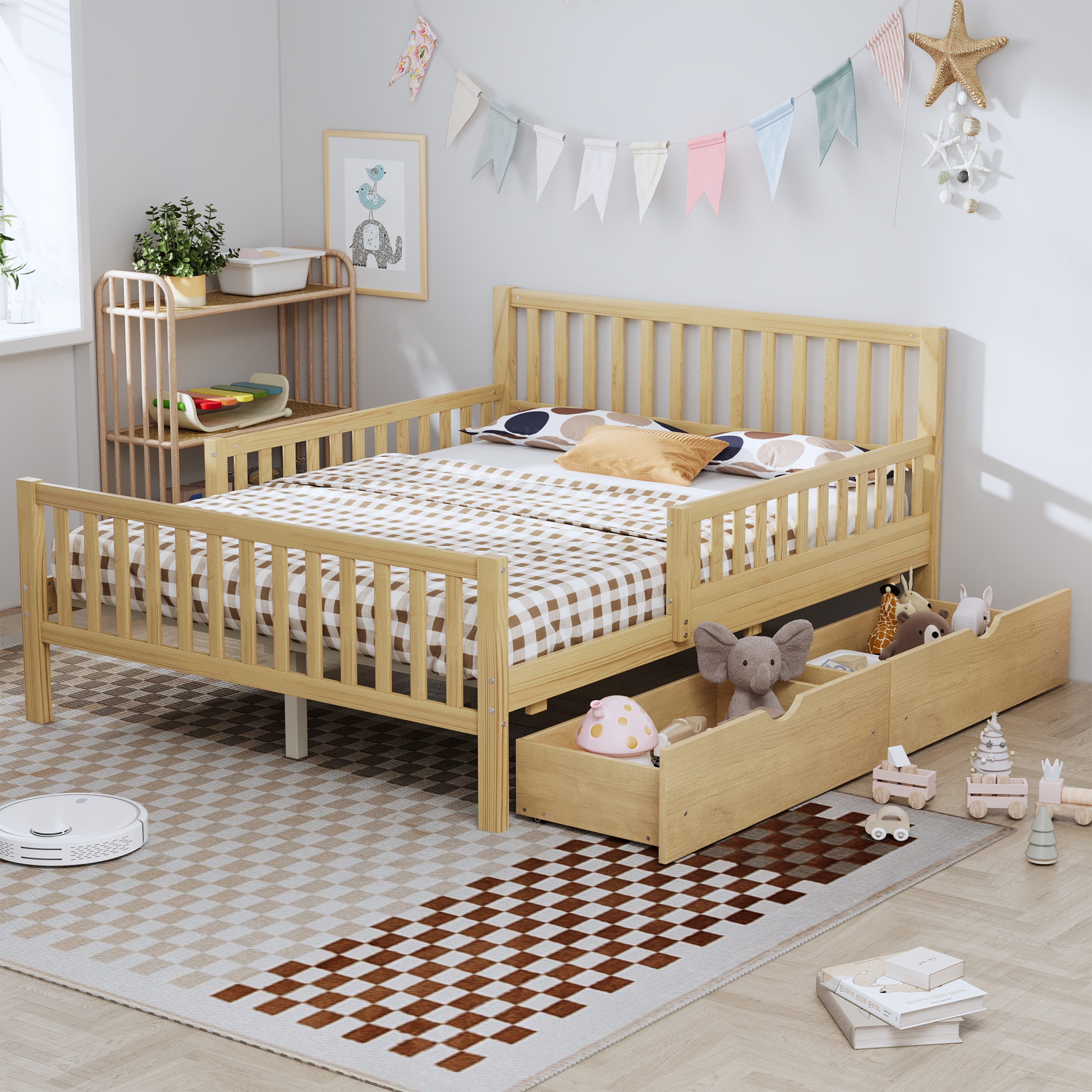 Full Size Wood Platform Bed with Guardrails on Both Sides and Two Storage Drawers ,Natural - Image 1