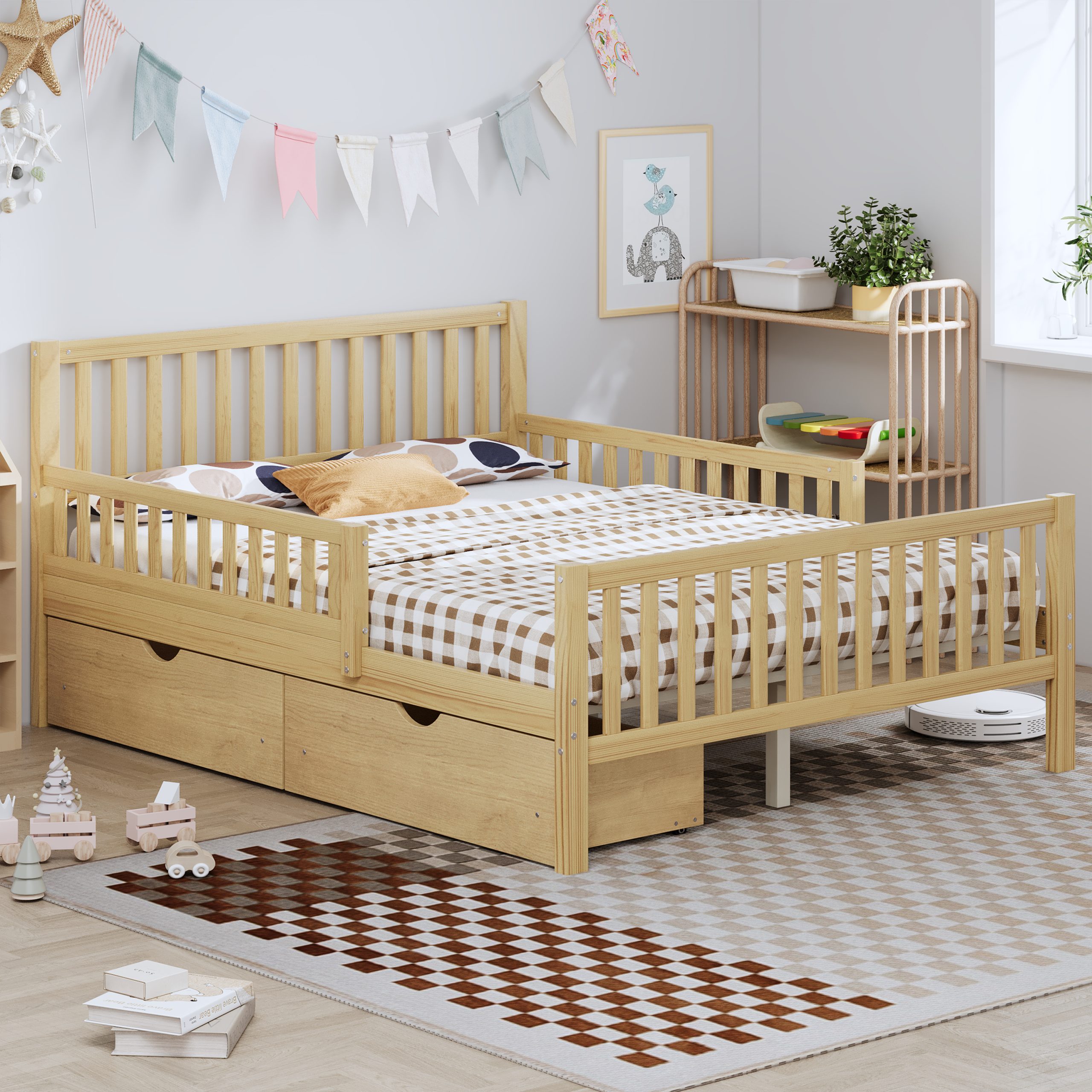 Full Size Wood Platform Bed with Guardrails on Both Sides and Two Storage Drawers ,Natural - Image 2