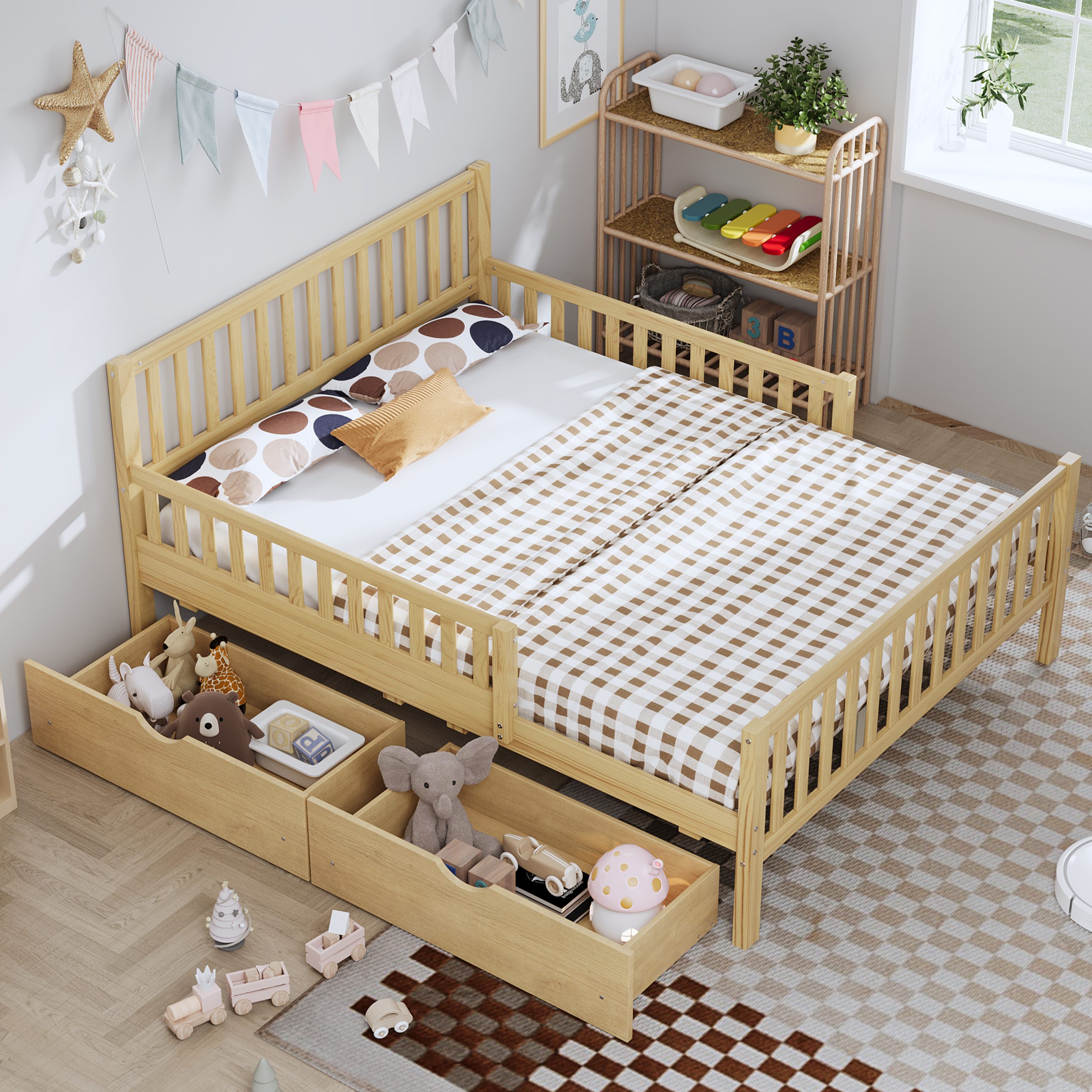 Full Size Wood Platform Bed with Guardrails on Both Sides and Two Storage Drawers ,Natural - Image 3
