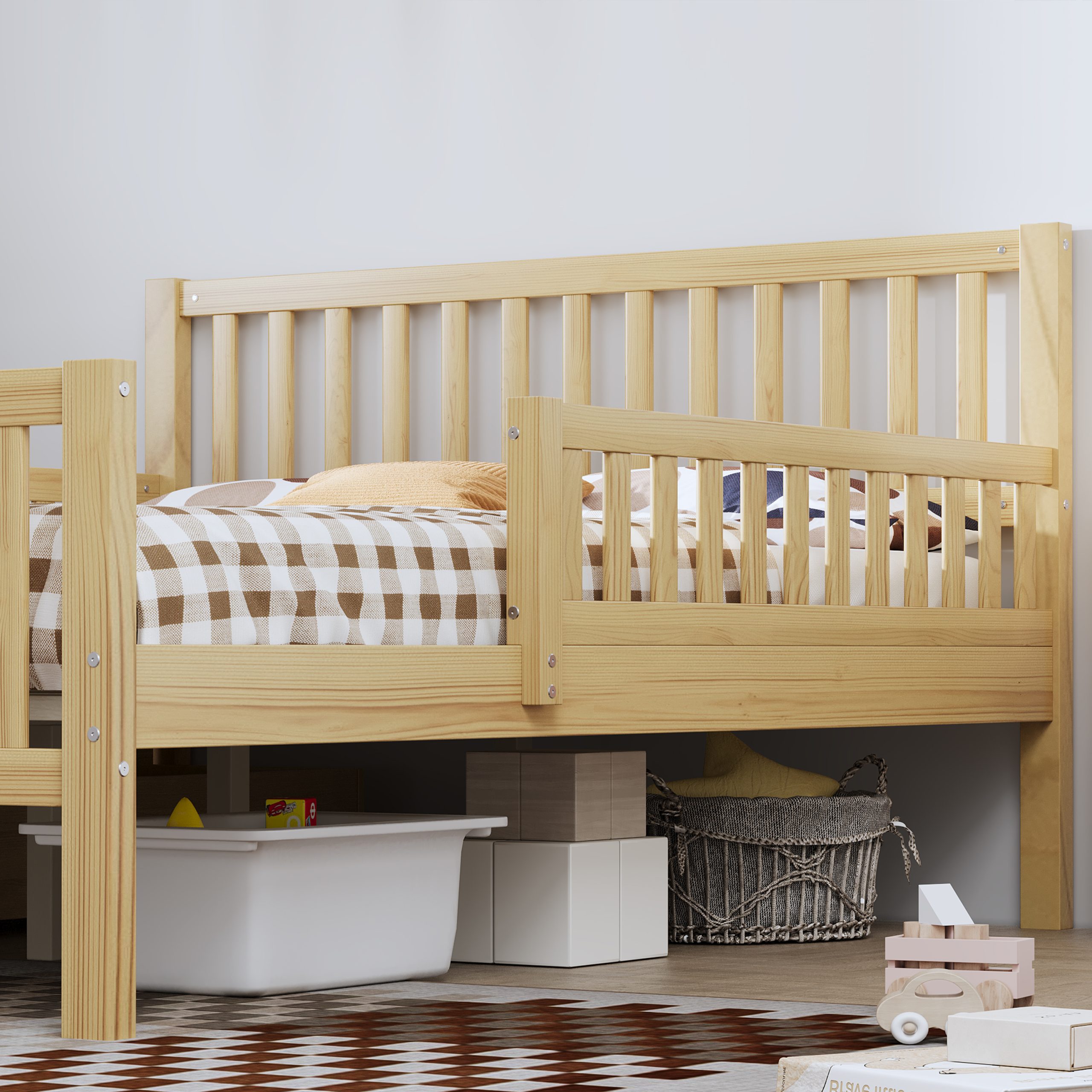 Full Size Wood Platform Bed with Guardrails on Both Sides and Two Storage Drawers ,Natural - Image 4