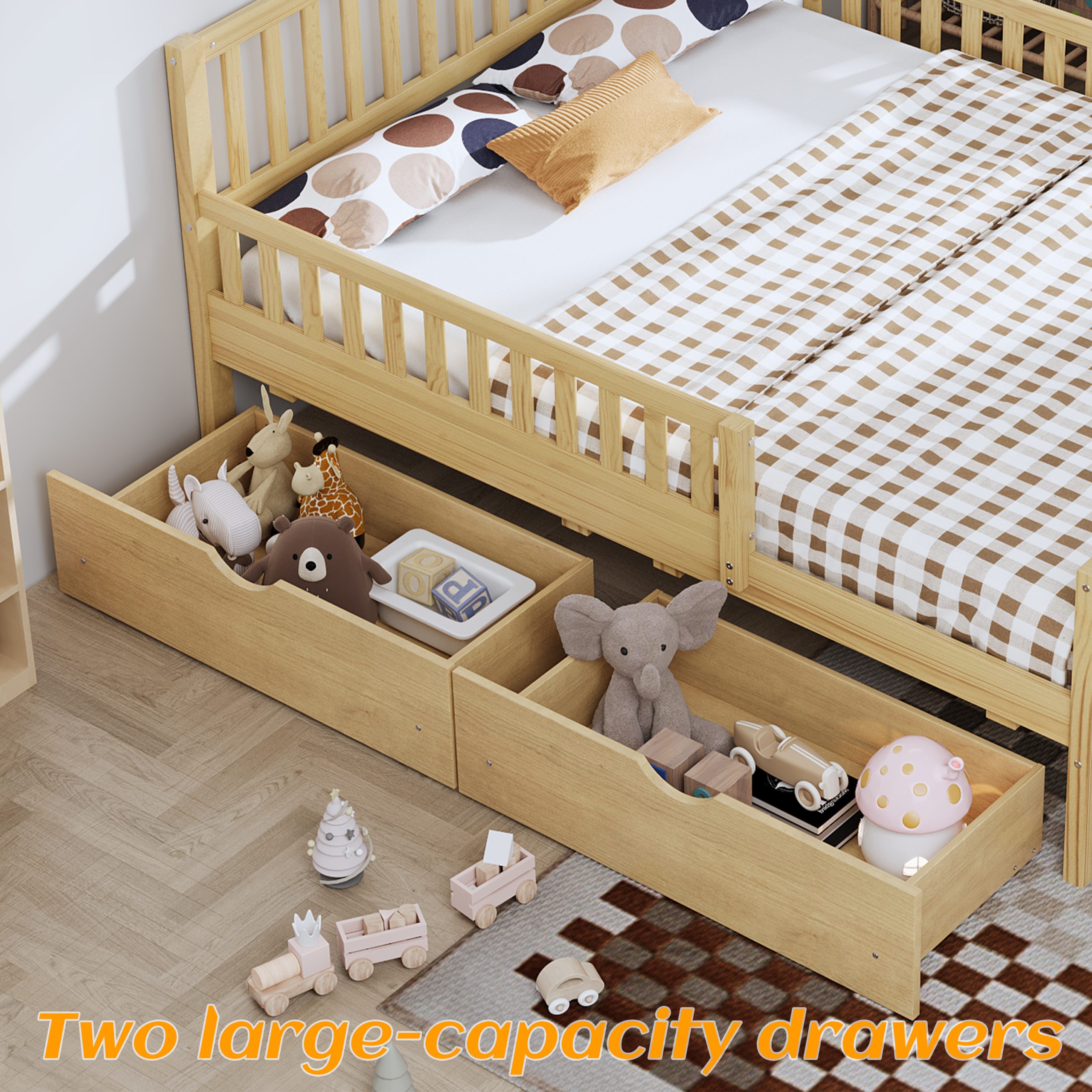 Full Size Wood Platform Bed with Guardrails on Both Sides and Two Storage Drawers ,Natural - Image 5