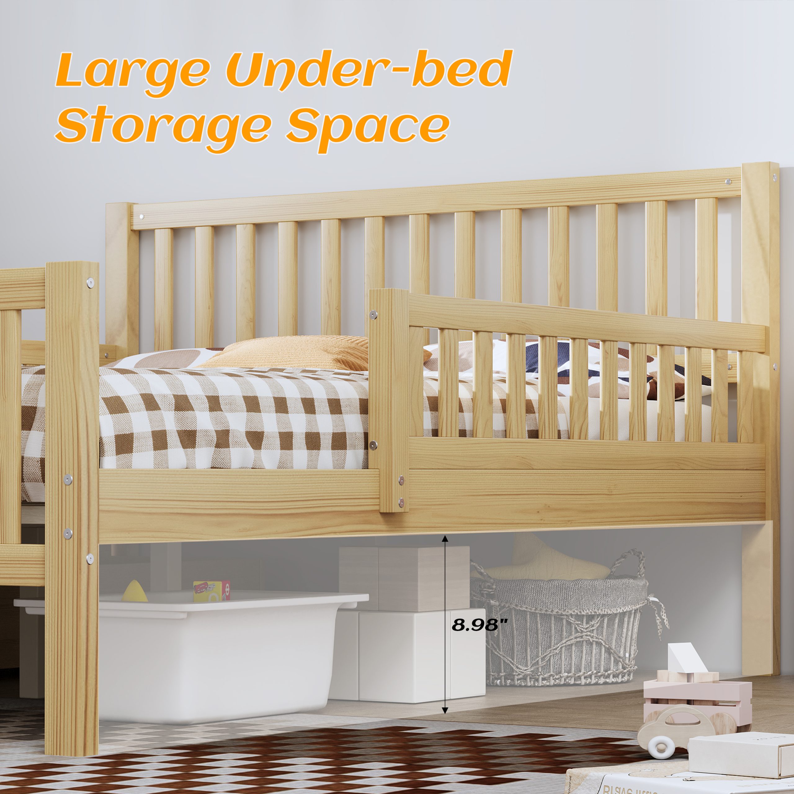 Full Size Wood Platform Bed with Guardrails on Both Sides and Two Storage Drawers ,Natural - Image 6
