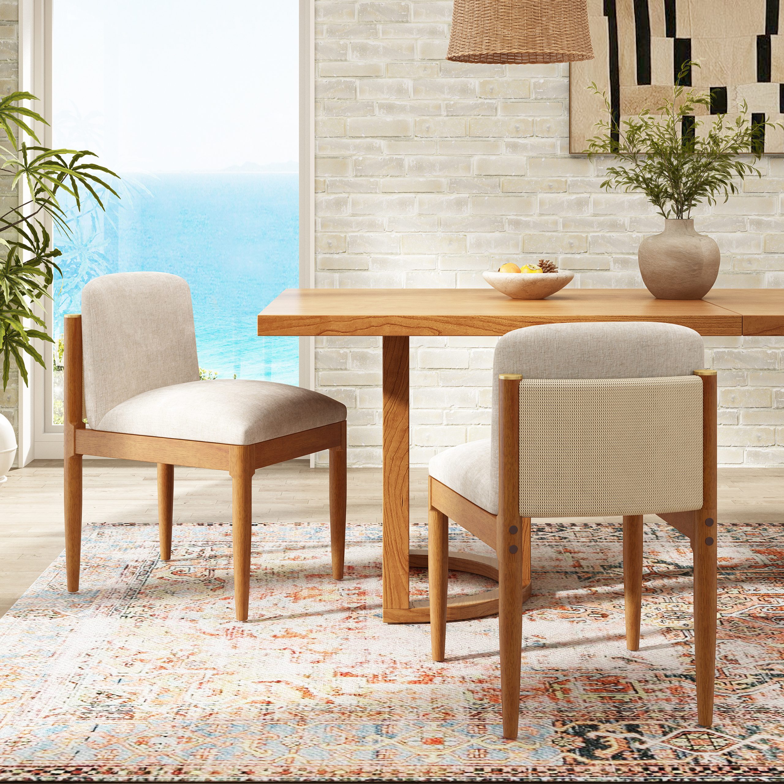 Modern dining chair,kitchen chair with woven rope backrest and solid wood legs, Dining Chairs for Home Bar/Restaurant and Dining Room,Set of 2,Walnut - Image 2