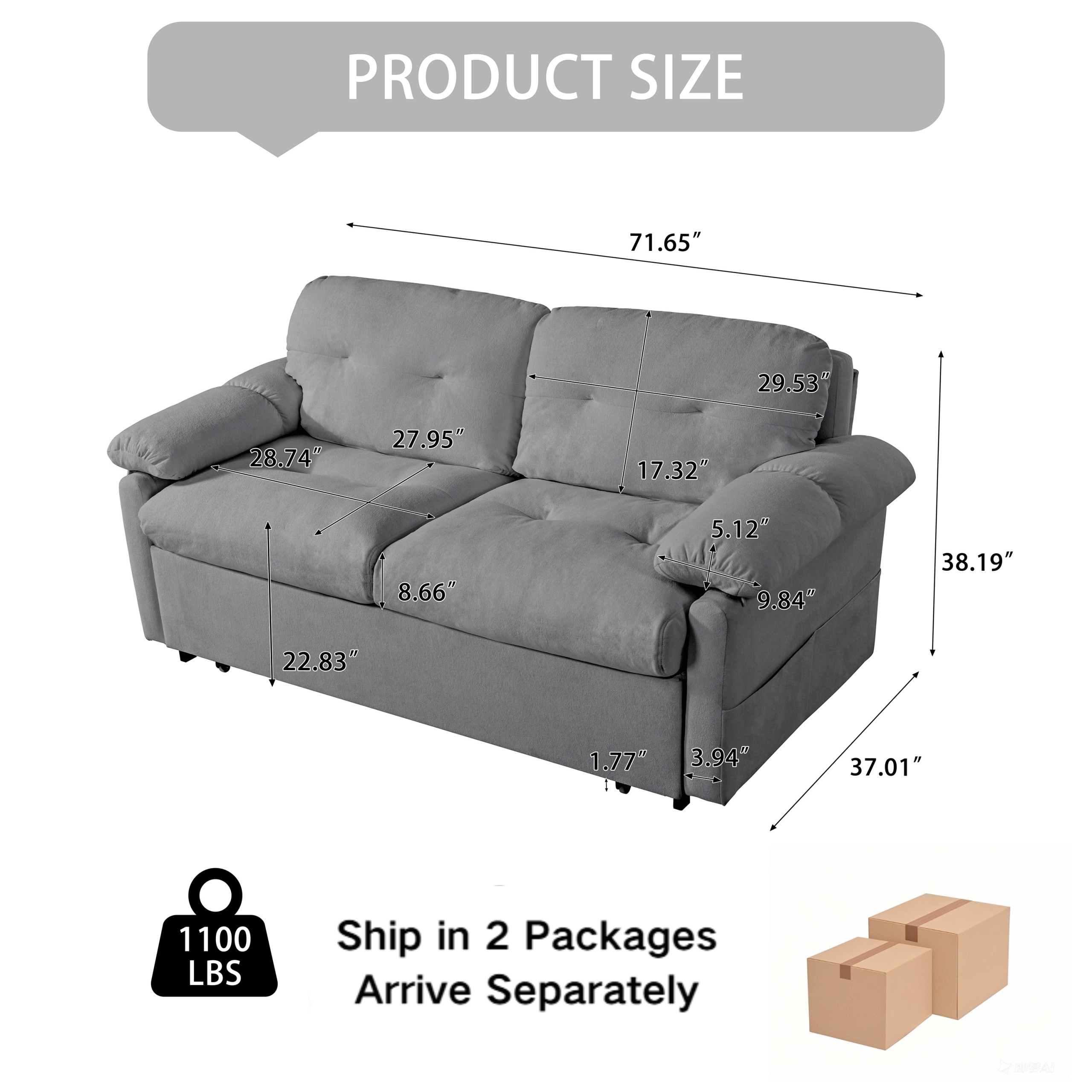 (Old: W3163P269700) Convertible Pull-Out Queen Sleeper Sofa, 3-in-1 Sofa Bed with Side Storage & 8 Silent Casters, Thick Padded Chenille Loveseat for Living Room, Bedroom, Apartment, Grey - Image 2