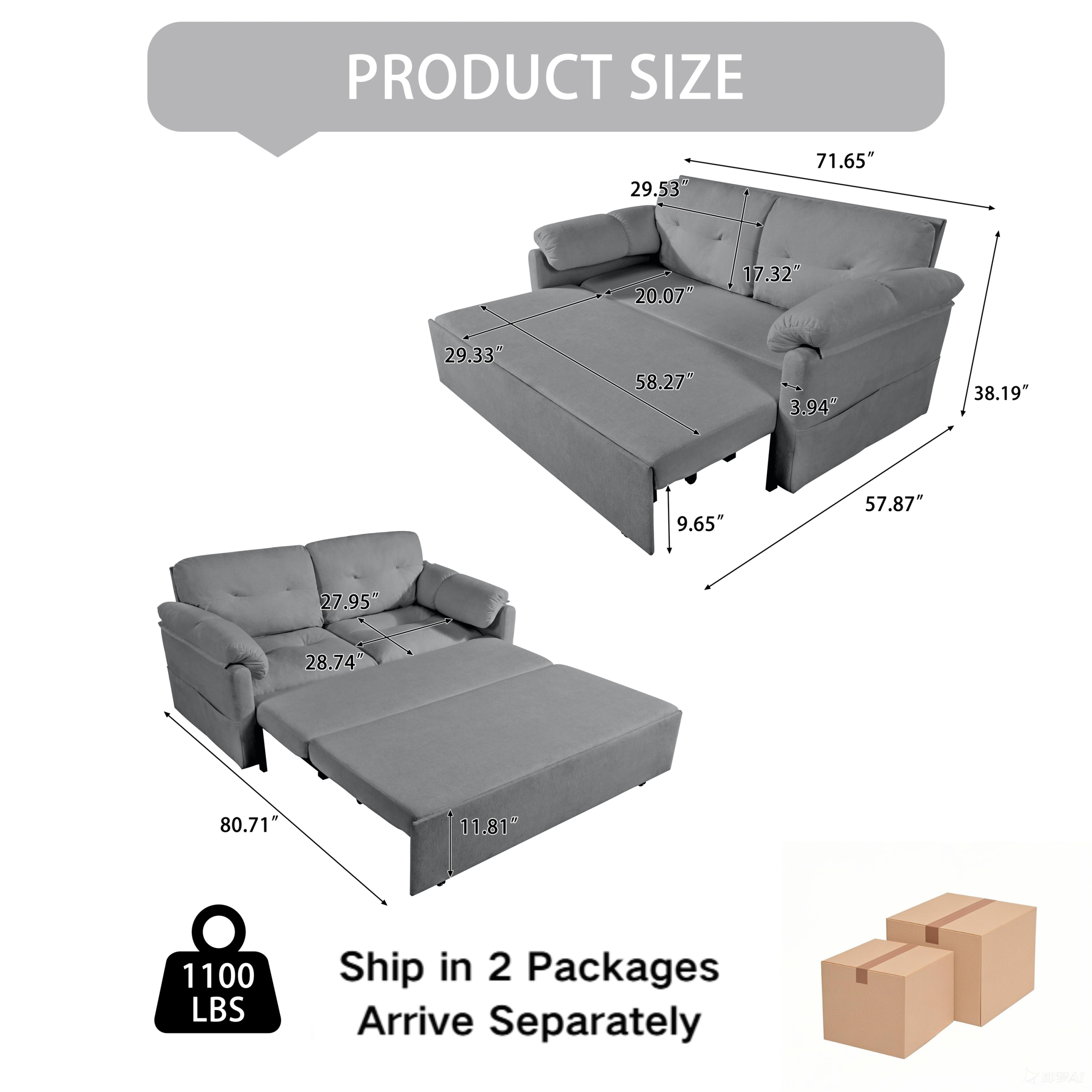 (Old: W3163P269700) Convertible Pull-Out Queen Sleeper Sofa, 3-in-1 Sofa Bed with Side Storage & 8 Silent Casters, Thick Padded Chenille Loveseat for Living Room, Bedroom, Apartment, Grey - Image 3