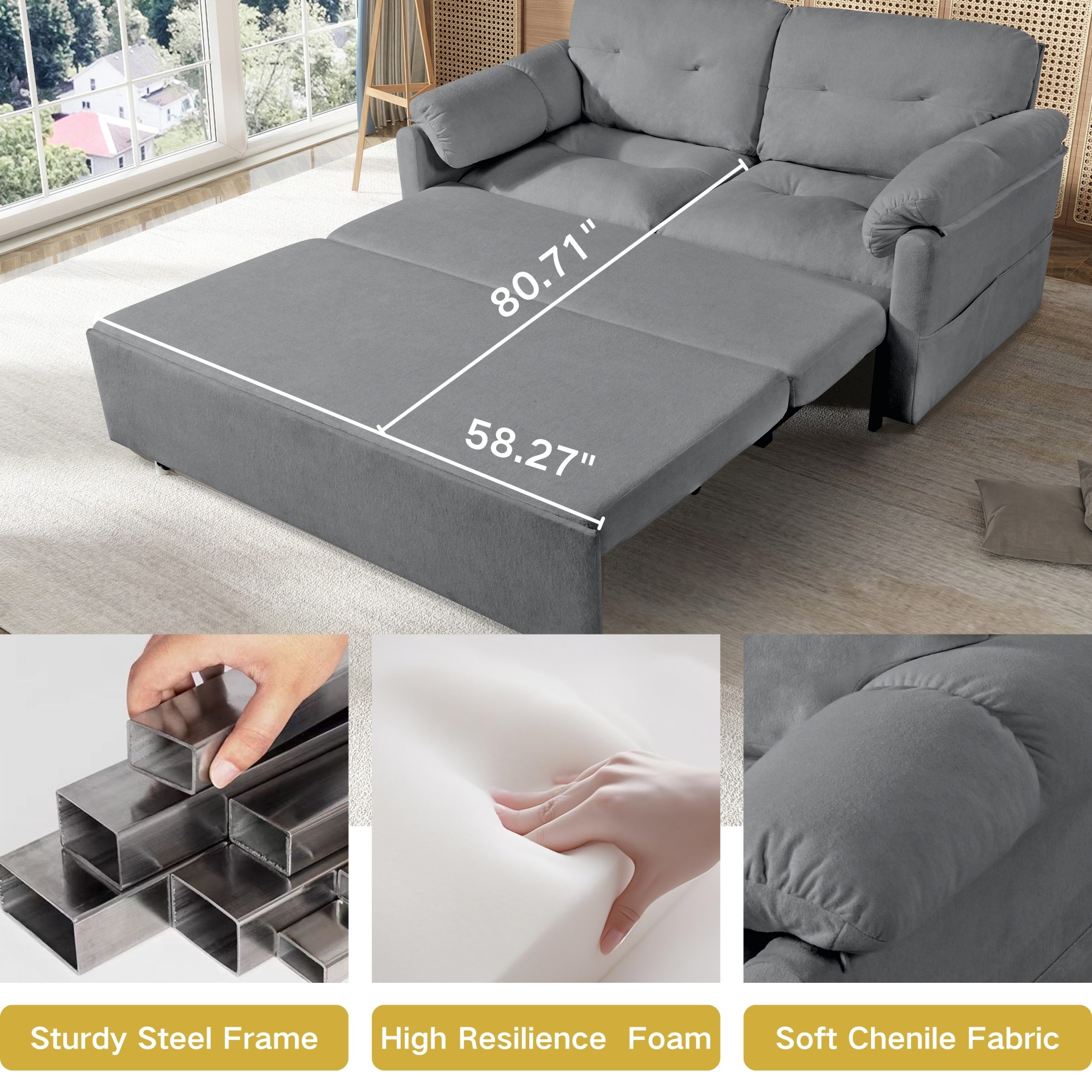 (Old: W3163P269700) Convertible Pull-Out Queen Sleeper Sofa, 3-in-1 Sofa Bed with Side Storage & 8 Silent Casters, Thick Padded Chenille Loveseat for Living Room, Bedroom, Apartment, Grey - Image 4