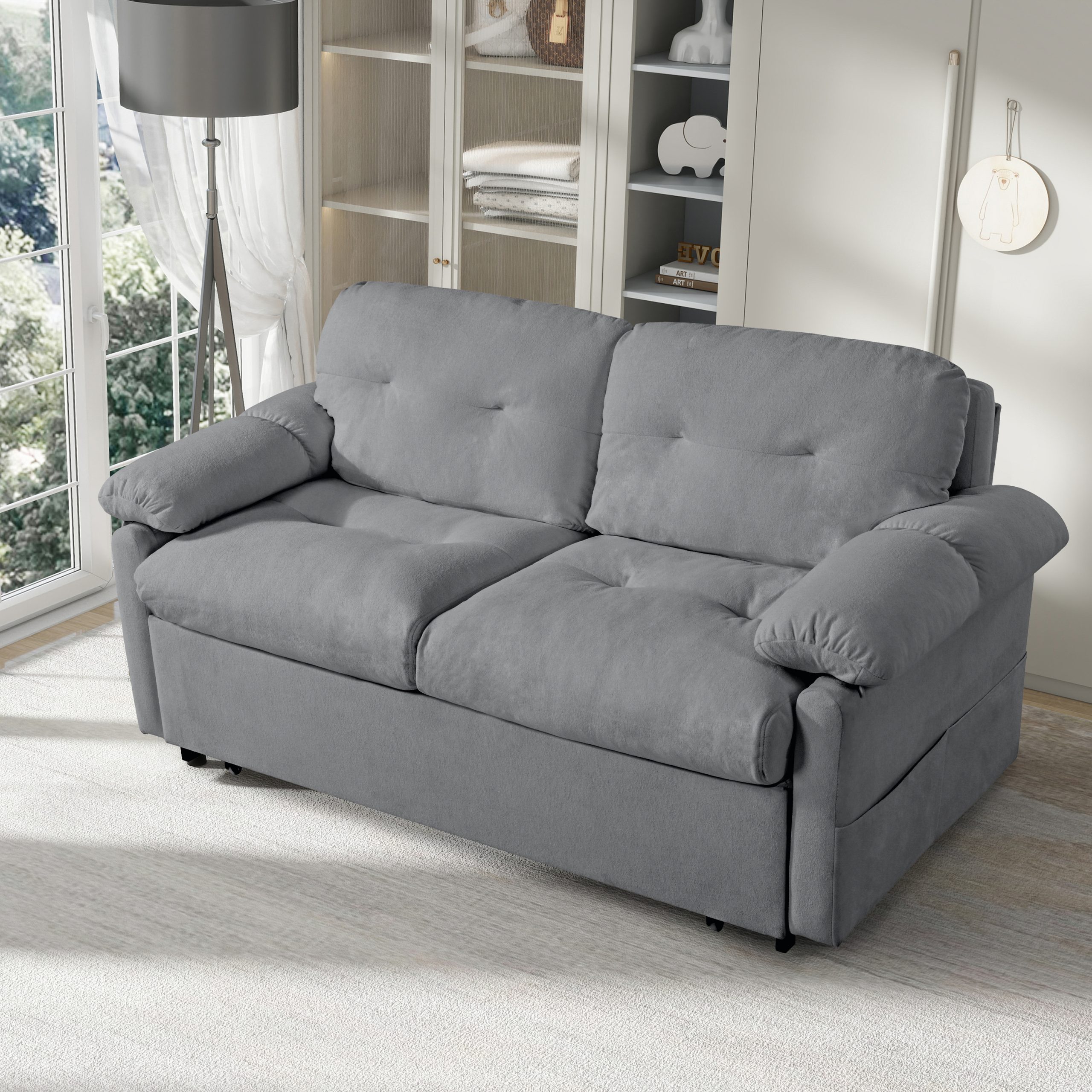 (Old: W3163P269700) Convertible Pull-Out Queen Sleeper Sofa, 3-in-1 Sofa Bed with Side Storage & 8 Silent Casters, Thick Padded Chenille Loveseat for Living Room, Bedroom, Apartment, Grey - Image 5
