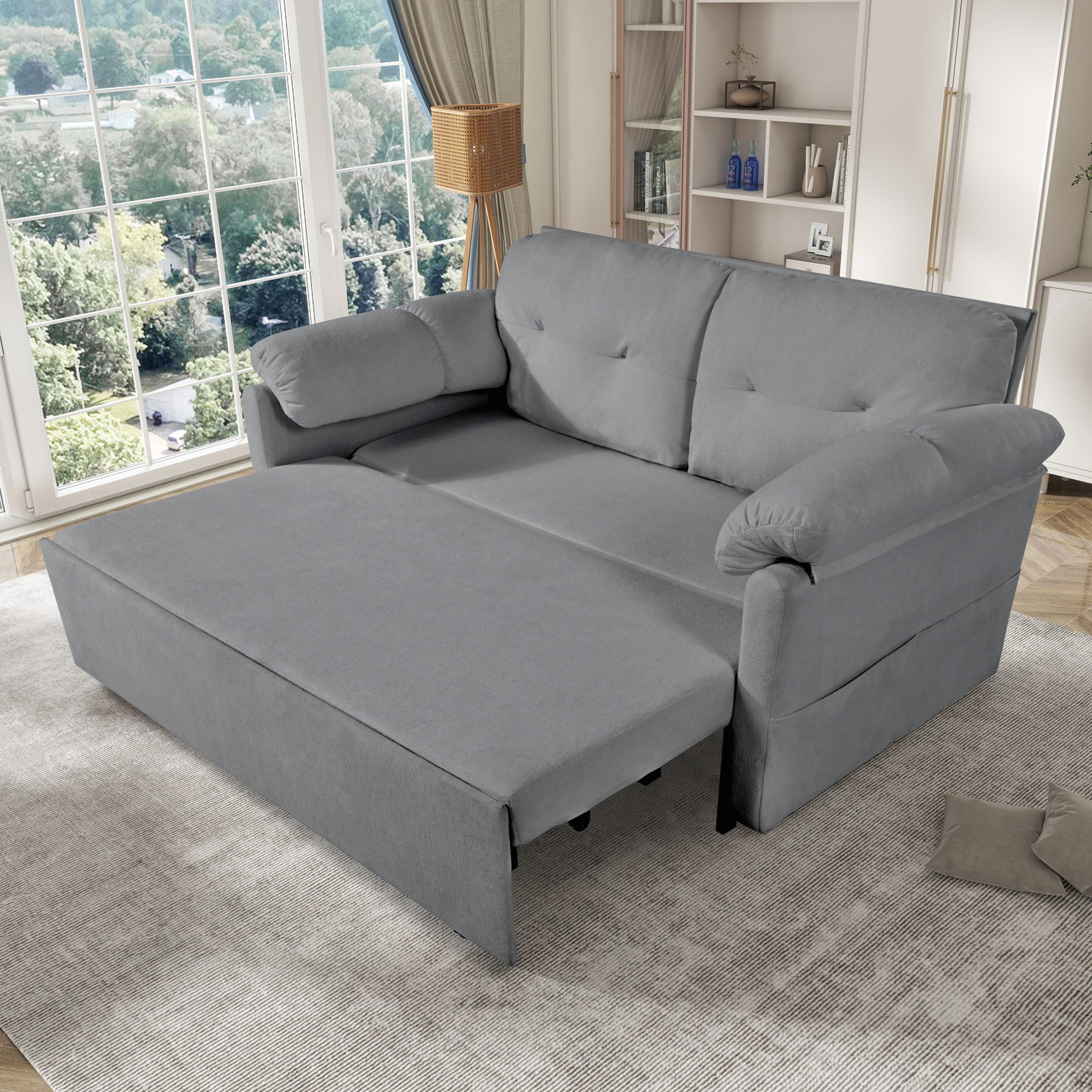 (Old: W3163P269700) Convertible Pull-Out Queen Sleeper Sofa, 3-in-1 Sofa Bed with Side Storage & 8 Silent Casters, Thick Padded Chenille Loveseat for Living Room, Bedroom, Apartment, Grey - Image 6