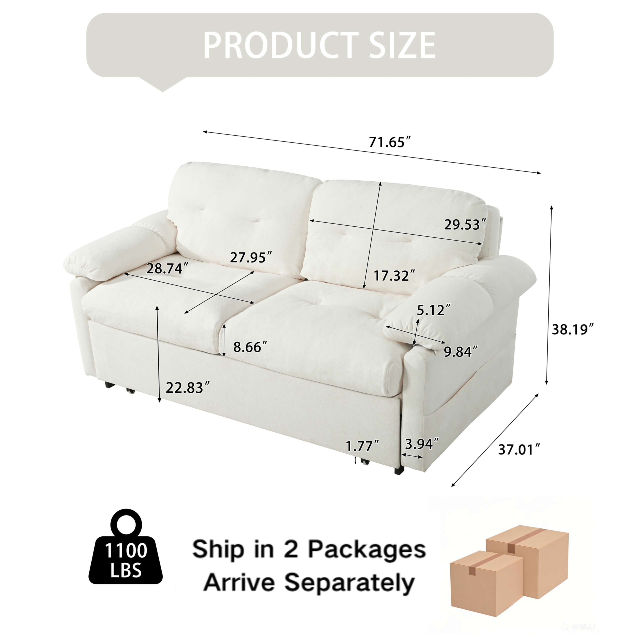 (Old:W3163P269692) Convertible Pull-Out Queen Sleeper Sofa, 3-in-1 Sofa Bed with Side Storage & 8 Silent Casters, Thick Padded Chenille Loveseat for Living Room, Bedroom, Apartment,Beige - Image 2